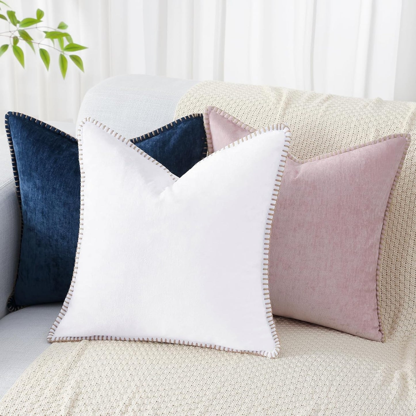 decorUhome Chenille Soft Throw Pillow Covers 12x20 Set of 2, Lumbar Velvet Farmhouse Neutral Decorative Euro Pillow Covers with Stitched Edge for Couch Sofa Bed Home Decor, White