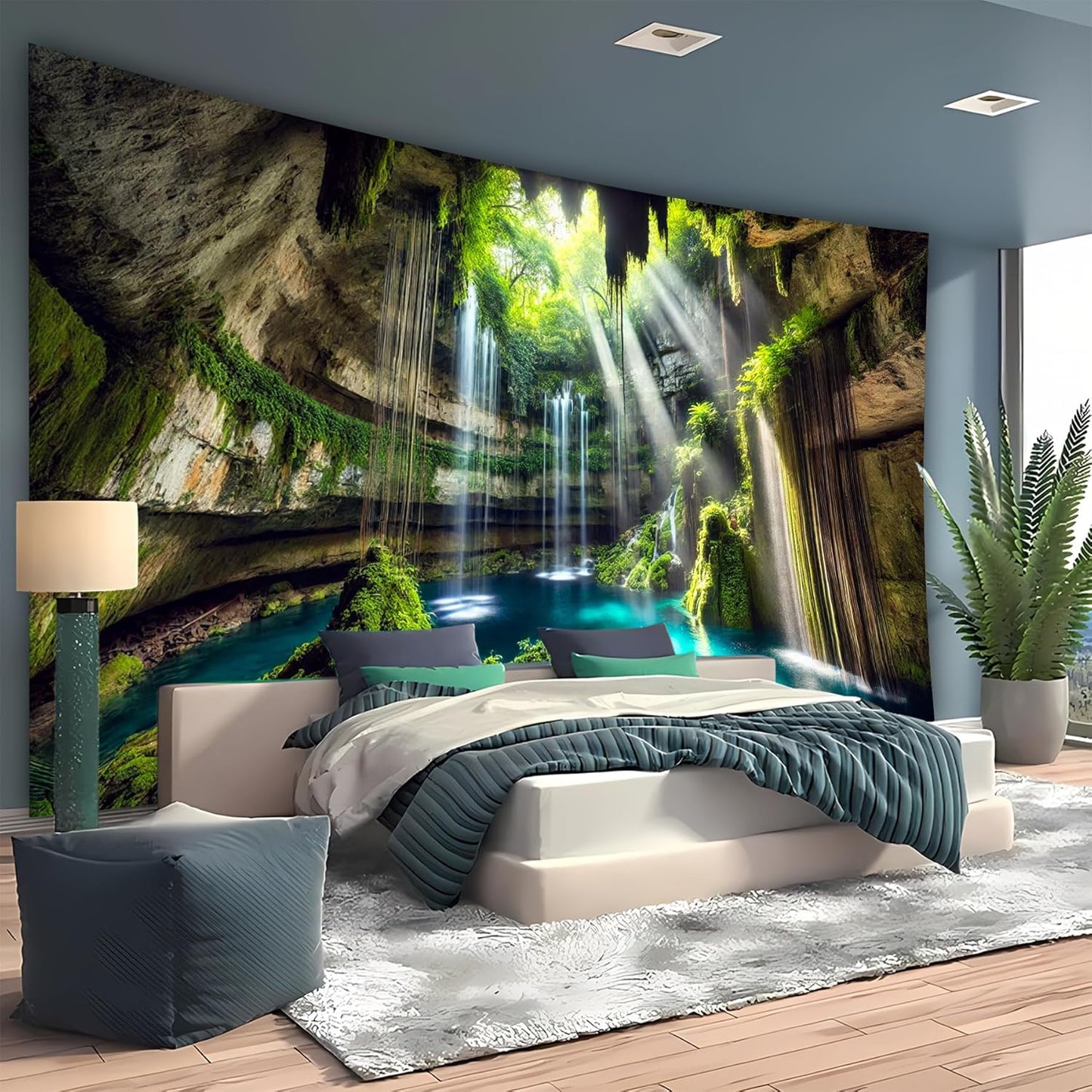 BSFHH Nature Tapestry Forest Tree Sea Cave Wall Hanging, Stream Through Rainforest Landscape Wall Art Tapestry for Bedroom Living room (Fall, 90"×70", Unframed)