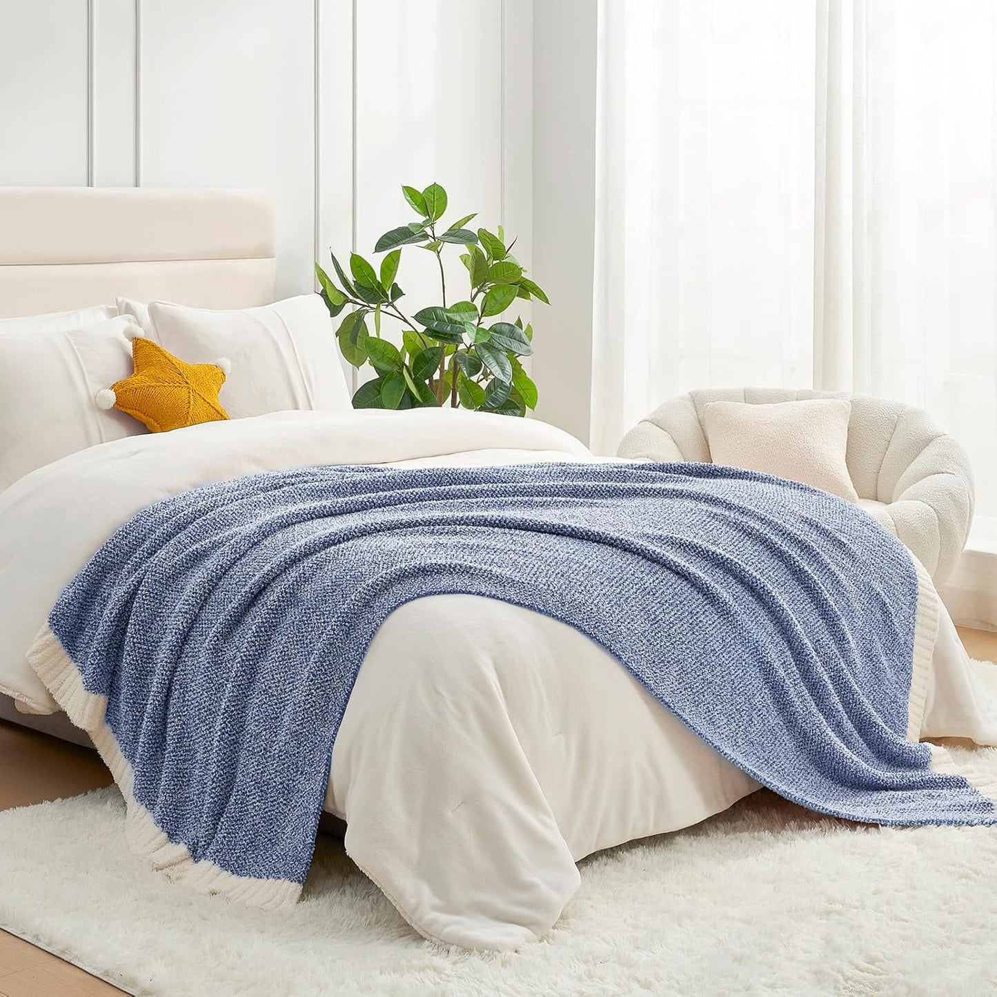 Snuggle Sac Royal Blue Blanket Twin Size for Bed and Sofa, Reversible Super Soft Blankets Warm Cozy Knit Blankets Fuzzy Plush Blankets, Heather Blue, 60x80 inches