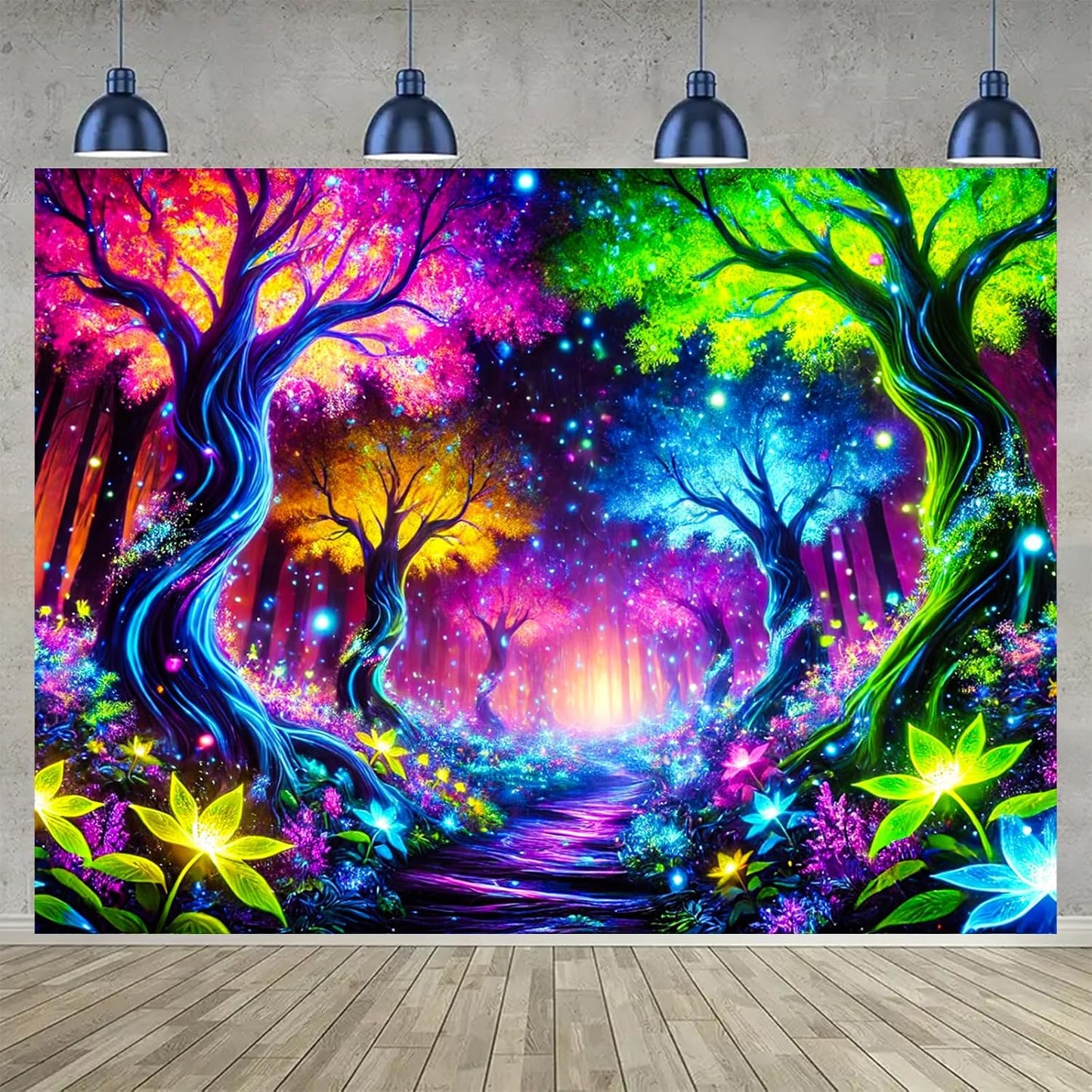 BlissYard Enchanted Neon Forest UV Black Light Tapestry 78x59 Inches Art Color Neon Light Background Bedroom Living Room Wall Party Decoration Psychedelic Pathway Fantasy Nature Magic Glow Decor