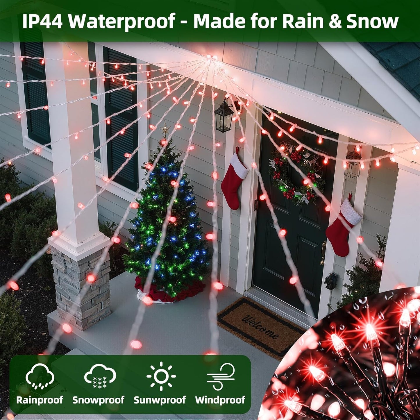 300LED Christmas Lights Outdoor Indoor Use, 12 Lighting Modes 75ft Christmas Tree Lights with Timer, Dimmable Plug in Red LED StringLights Waterproof for Yard Tree Wedding Party Holiday Red
