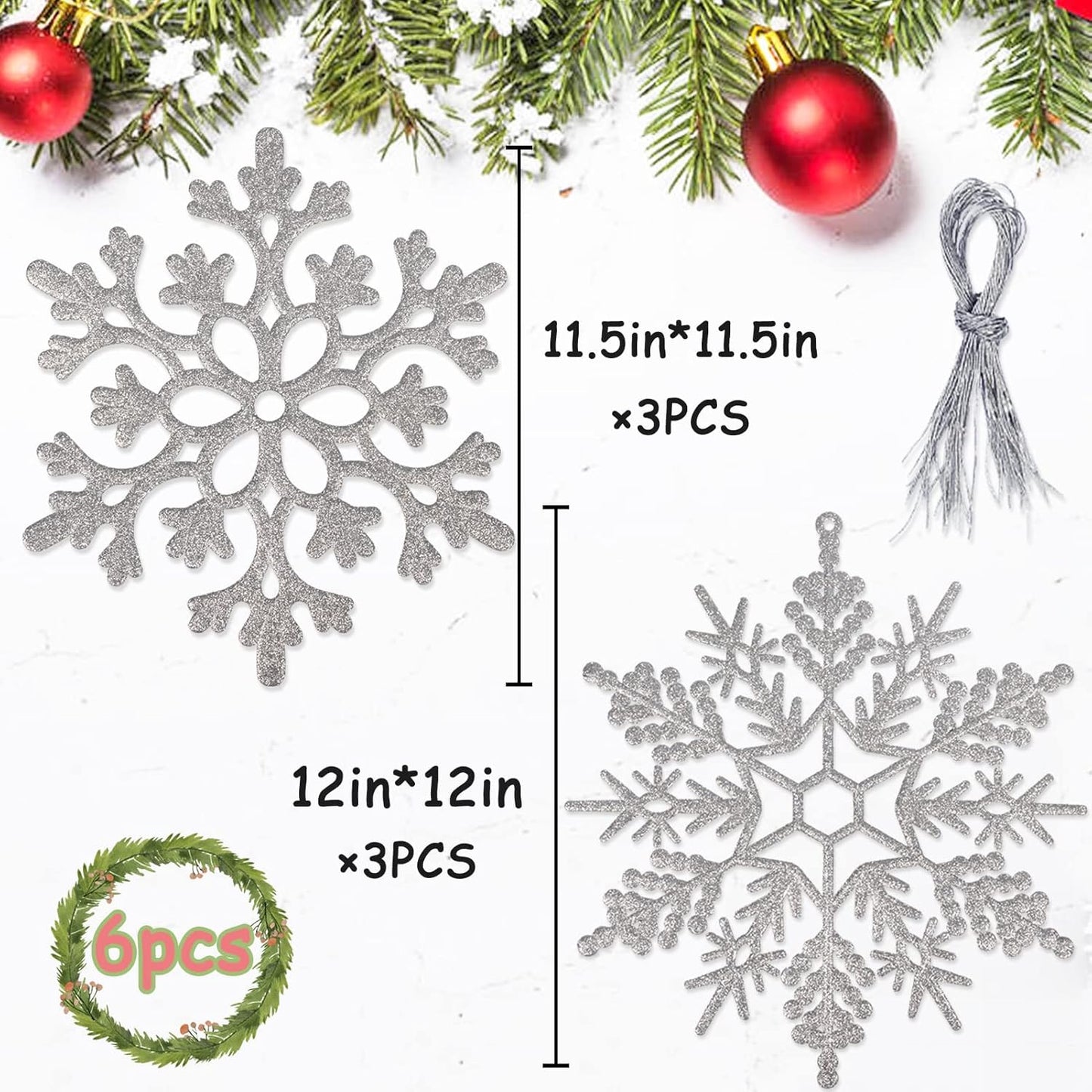 6pcs Large Silver Snowflakes Ornaments 12” Big Plastic Glitter Snowflake for Winter Indoor Outdoor Christmas Tree Window Room Decorations Giant Craft Snowflakes
