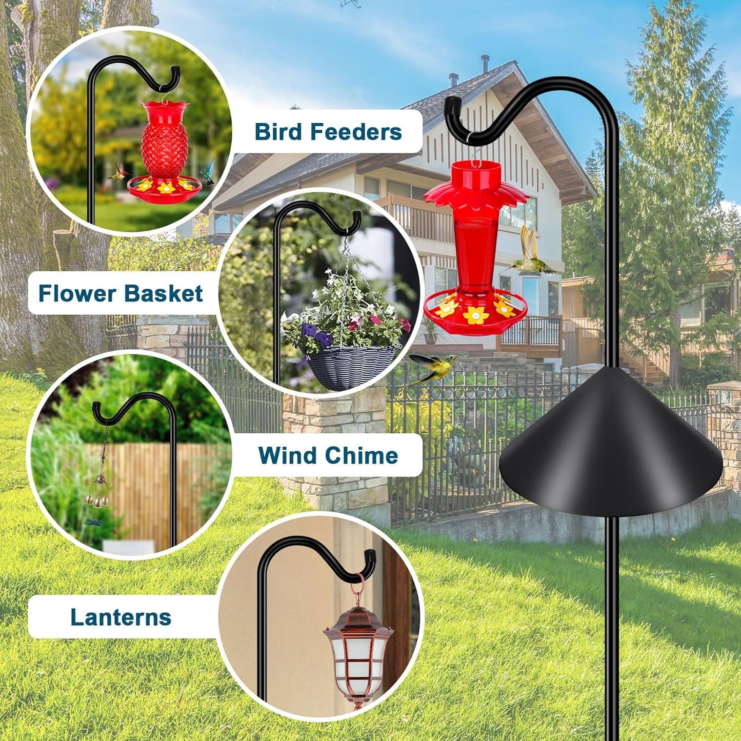 Gtongoko Bird Feeder Pole Squirrel Proof 92 Inch Shepherds Hook for Outdoor with Squirrel Baffles Adjustable Heavy Duty with 7 Prongs Base for Hanging Plants, Bird Feeders, Black
