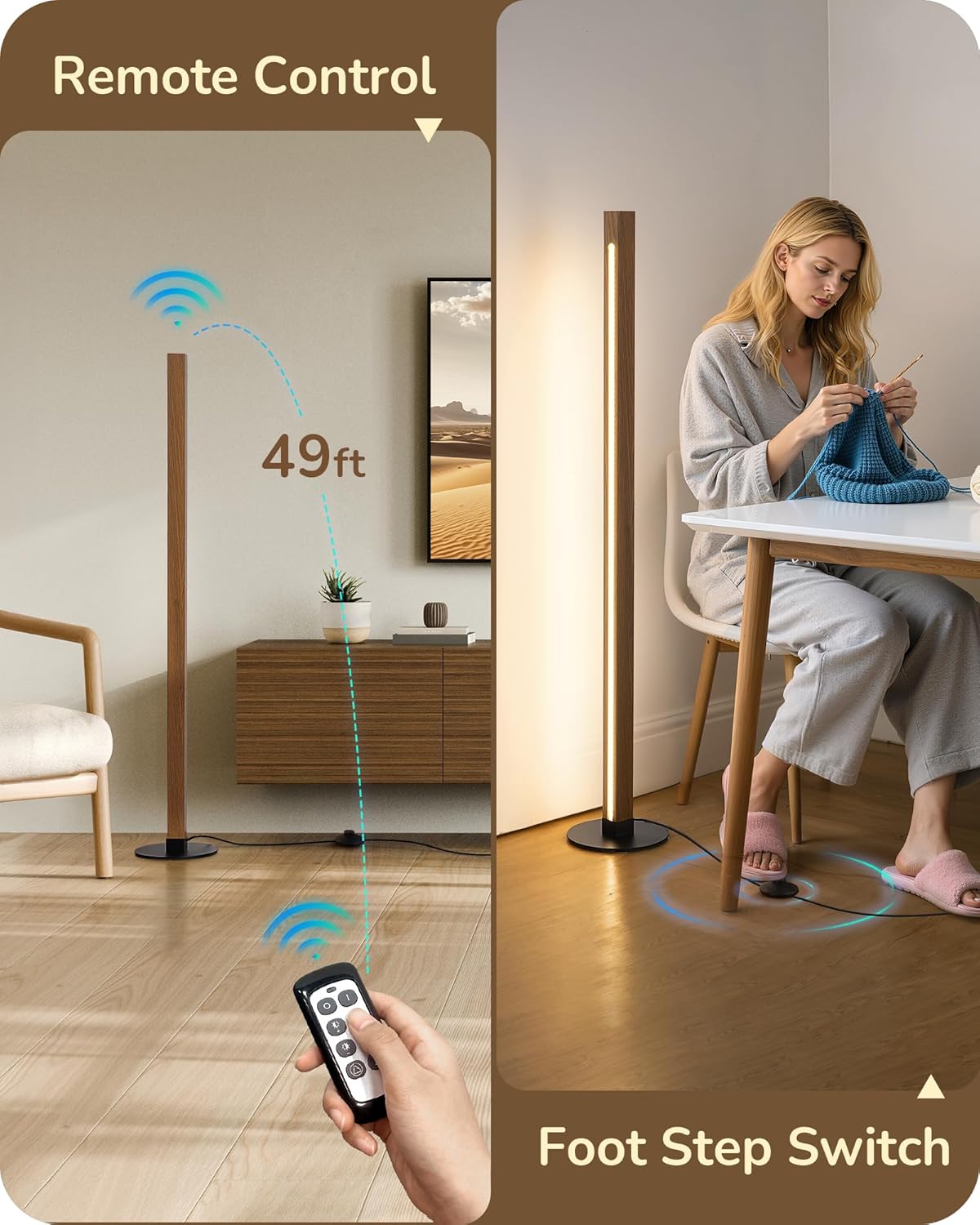 EDISHINE Wood Floor Lamp, Upgraded Dual-Sided Lighting, Minimalist Floor Lamps for Living Room, Corner Floor Lamp with Remote/Foot Control, 7CCT & Dimmable Corner Lamp for Bedroom, Office, Walnut Wood