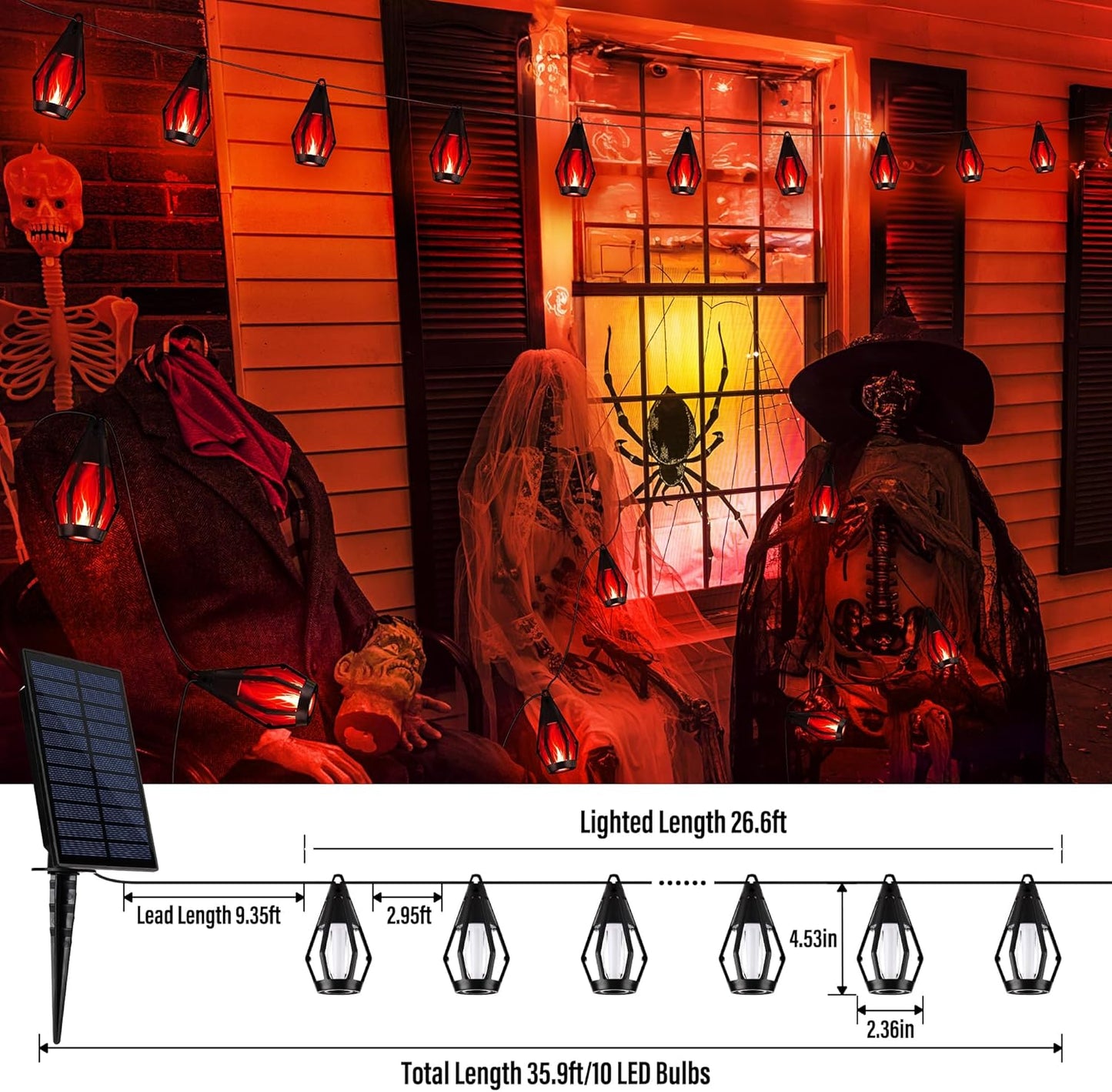 iBaycon Solar Halloween Lights, 27Ft 10 LED Bulbs Flickering Flame String Light, Outdoor Waterproof Solar Flame Lights for Garden Yard Patio Halloween Decorations (Red)