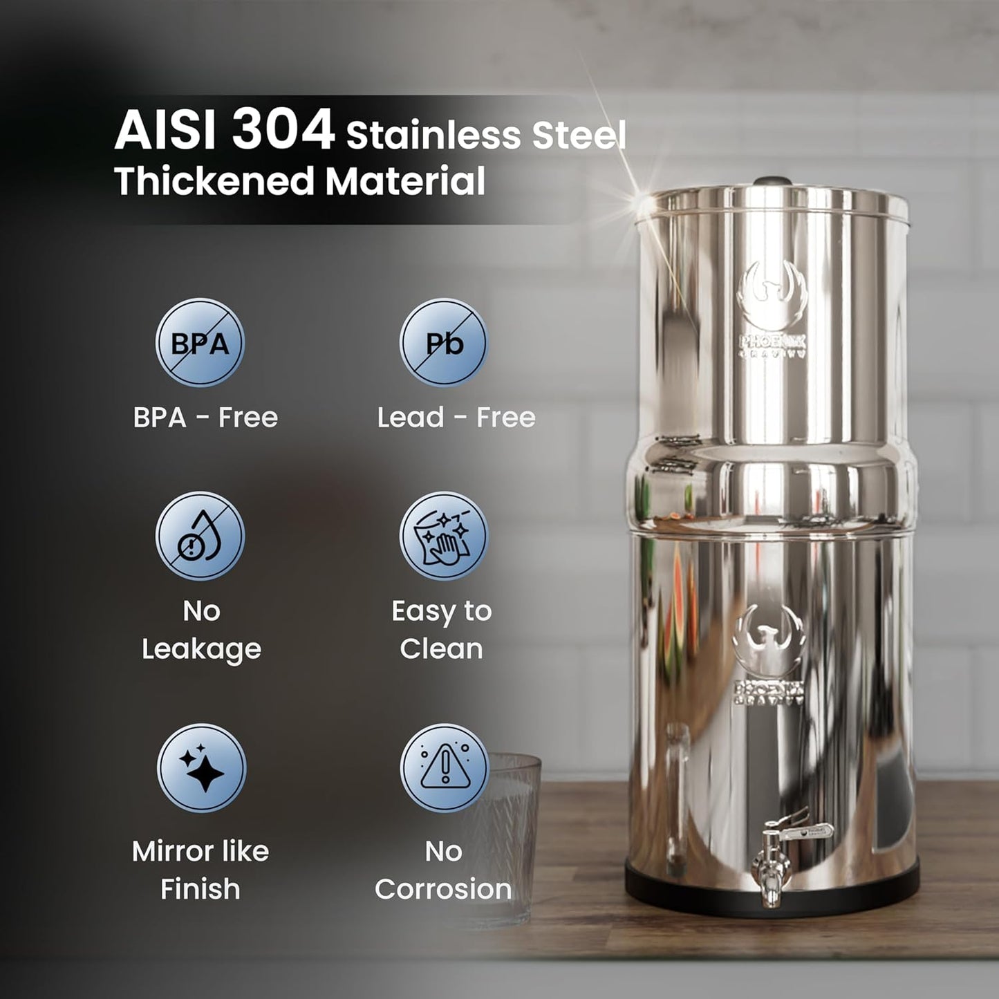 Gravity Water Filter System 2.25 Gallons NSF Certified - AISI 304 Stainless Steel Countertop Water Filtration with 2 Smart (Black) Carbon Filter Elements & Stainless Steel Water Spigot