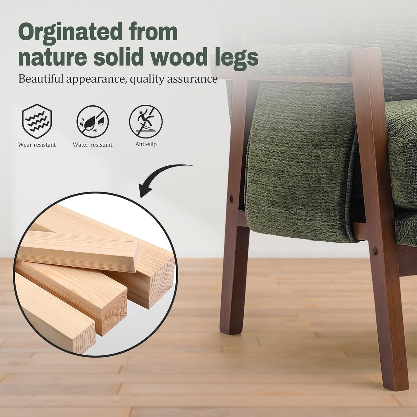 Modern Accent Chair for Living Room Mid Century Arm Chair Upholstered Bedroom Chair Comfy Lounge Chair with Solid Wood Frame, Green