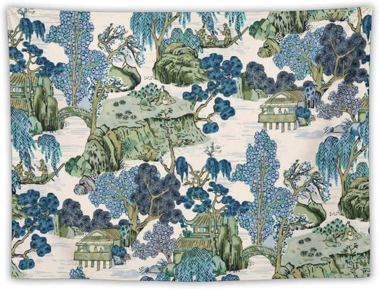 Chinoiserie Tapestry, Asian Watercolor Abstract Art, Japanese Wall Tapestry, Nature Landscape Tapestries for Bedroom, Living Room Decor 90"x60"