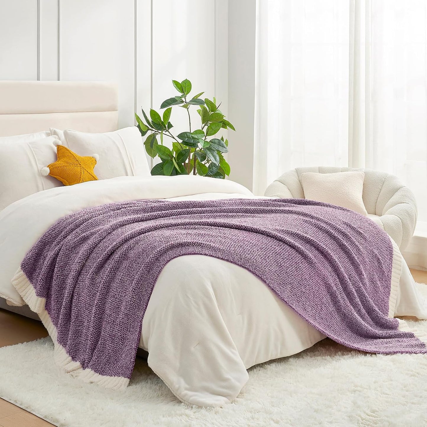Snuggle Sac Buttery Purple Throw Blanket for Couch, Reversible Super Soft Knitted Blankets, Warm Cozy Knit Fuzzy Plush Lightweight Throws Dupes for Sofa, Bed, Picnic, Purple, 50 x 70 inches