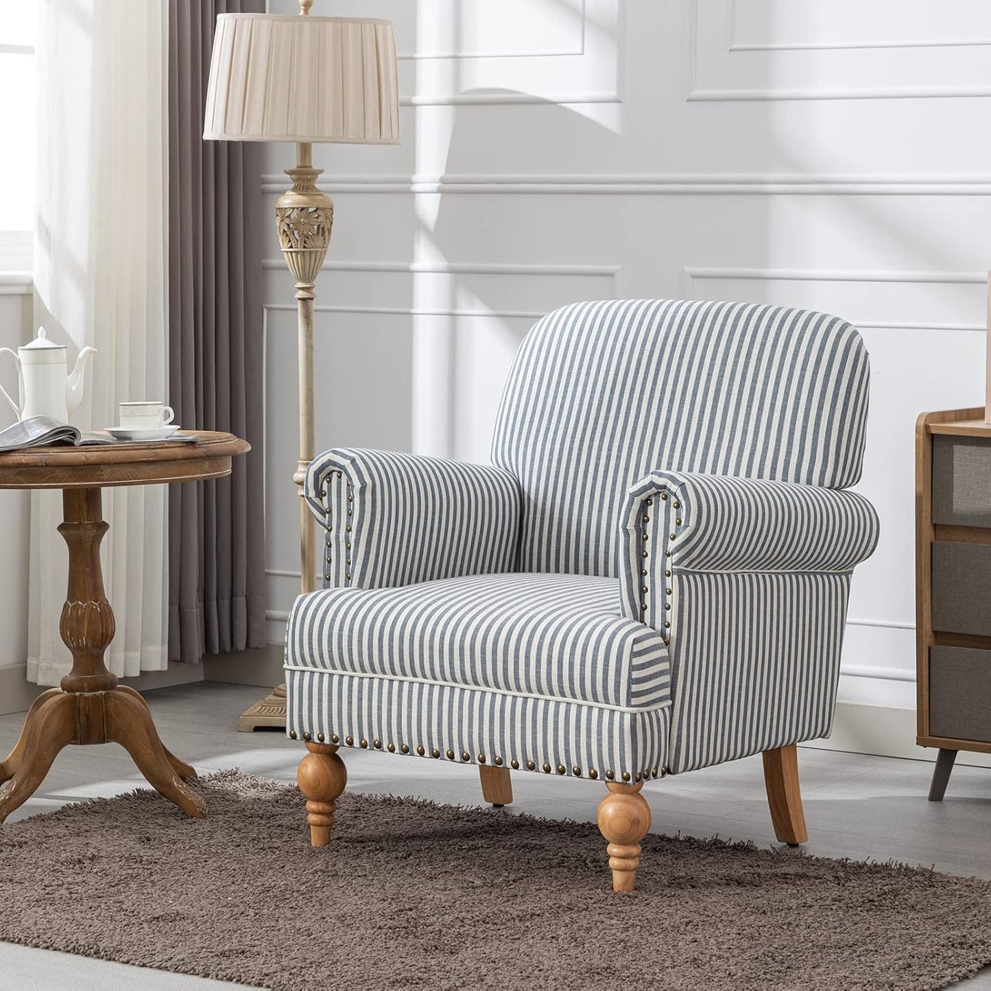 chairus Linen Accent Chair for Living Room Upholstered Mid Century Modern Single Sofa Chair with Solid Wood Legs Comfy Reading Chair Armchair for Bedroom/Office Room/Recption/Lounge, Blue Stripe