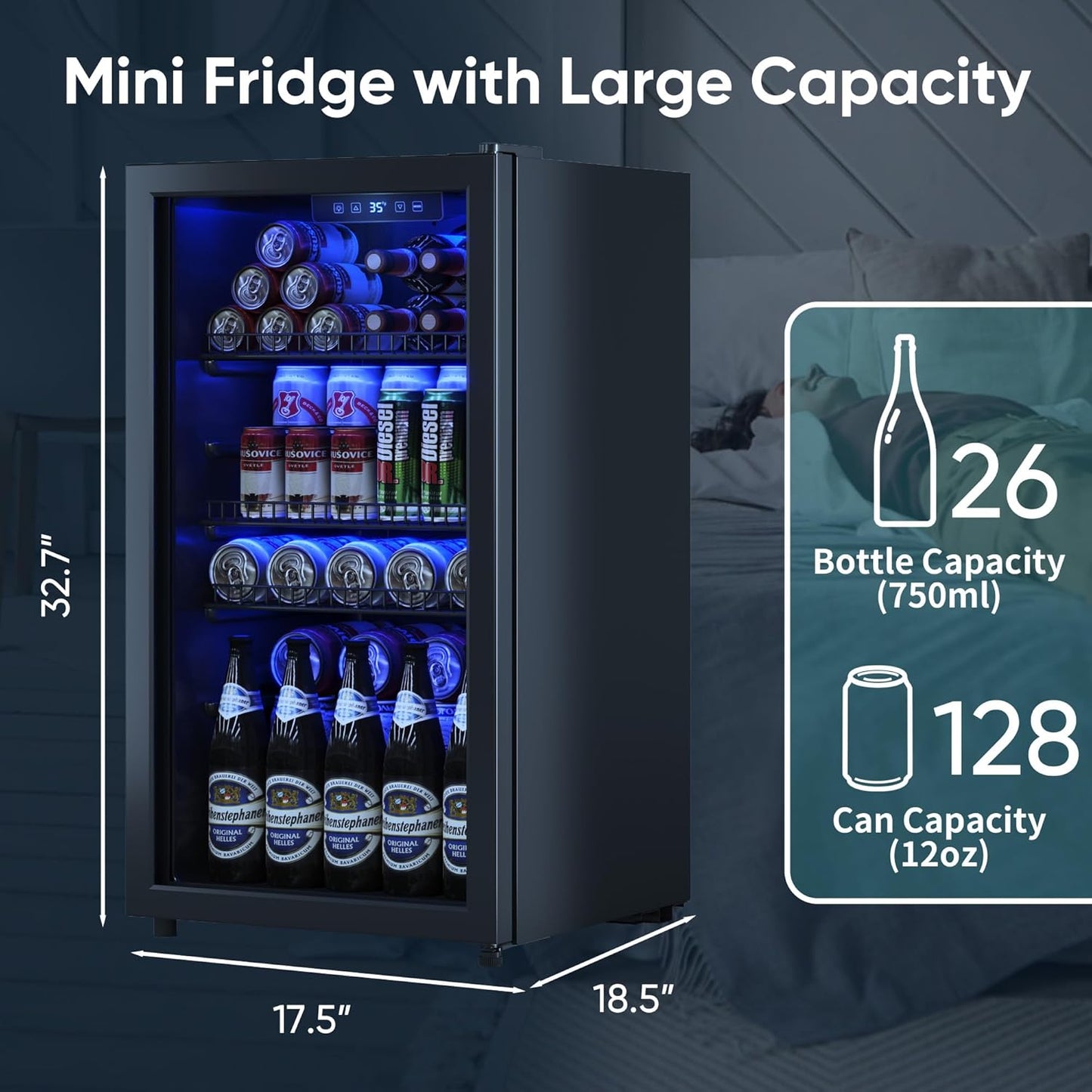 Beverage Fridge, 130 Can Mini Fridge With Glass Door, Beverage Cooler Refrigerator, Wine Drink Beer Cooler, Adjustable Shelves & Digital Temperature Display
