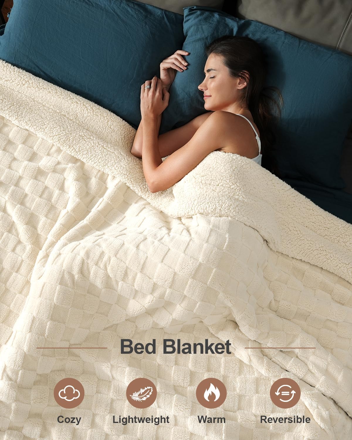 Pawque Super Soft Cozy Throw Blanket Queen Size for Couch Bed, Fluffy Sherpa Fleece Reversible Thick Warm Fuzzy Blanket for All-Season, 3D Checkered Jacquard Decorative Blankets, Cream White, 90"x90"