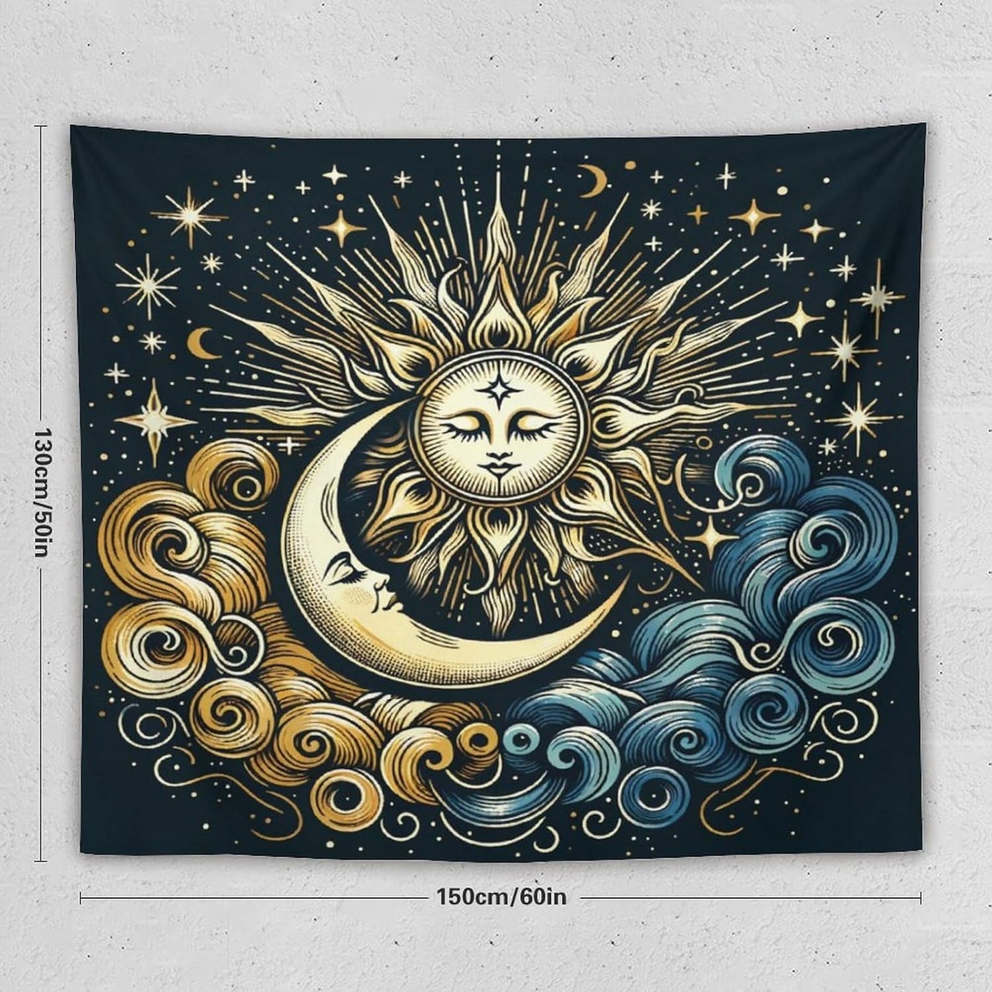 HZOHNAGO Sun Moon Tapestry Boho Golden Stars Pattern Printed Wall Tapestry Wall Hanging for Bedroom Living Room Dorm 60" W x 50" H
