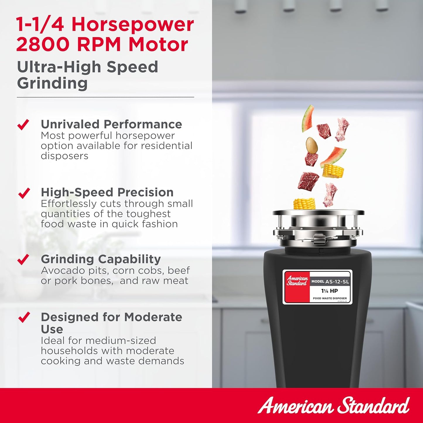 American Standard 10-US-AS-12-SL Garbage Disposal Anti-Jam Stainless Steel Food Waste Grinding System, Slim Line, 1.25 HP, Black