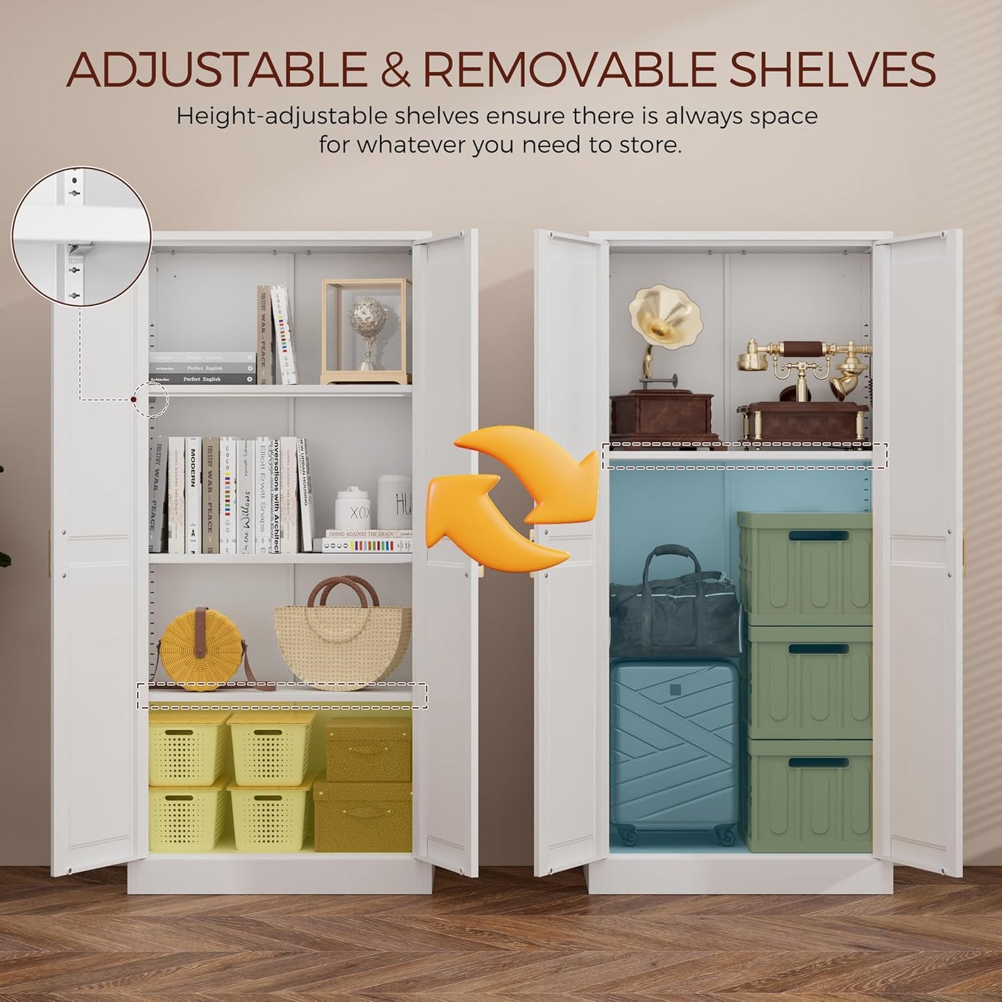 60" Tall Metal Pantry Cabinet, White Kitchen Pantry Storage Cabinet with 3 Adjustable Shelves and Gold Handles, Cupboard for Kitchen, Dining Room, Living Room, Bathroom