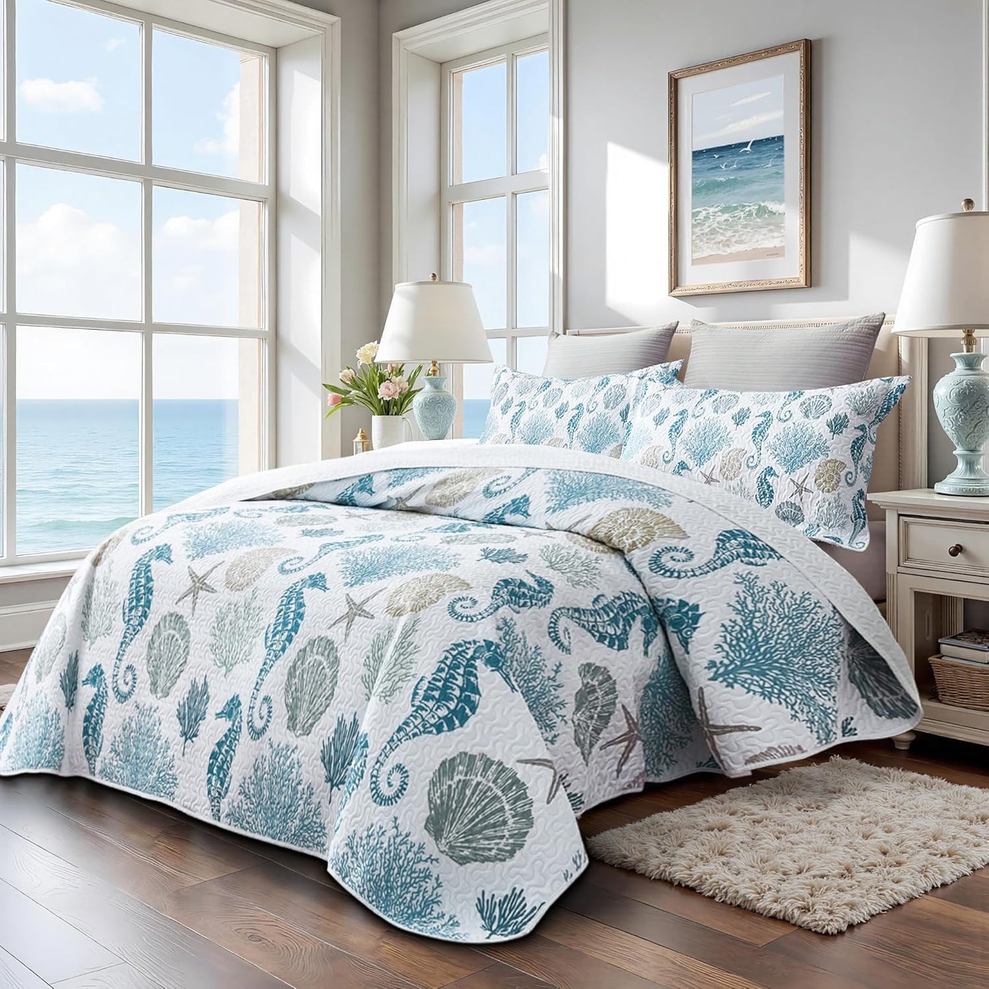 Coastal Bedding Queen Size Coastal Quilt with 2 Shams, Nautical Beach Comforter Sets Ocean Bedspreads Blue Seahorse Coverlet Summer Bedding, 90''x96''