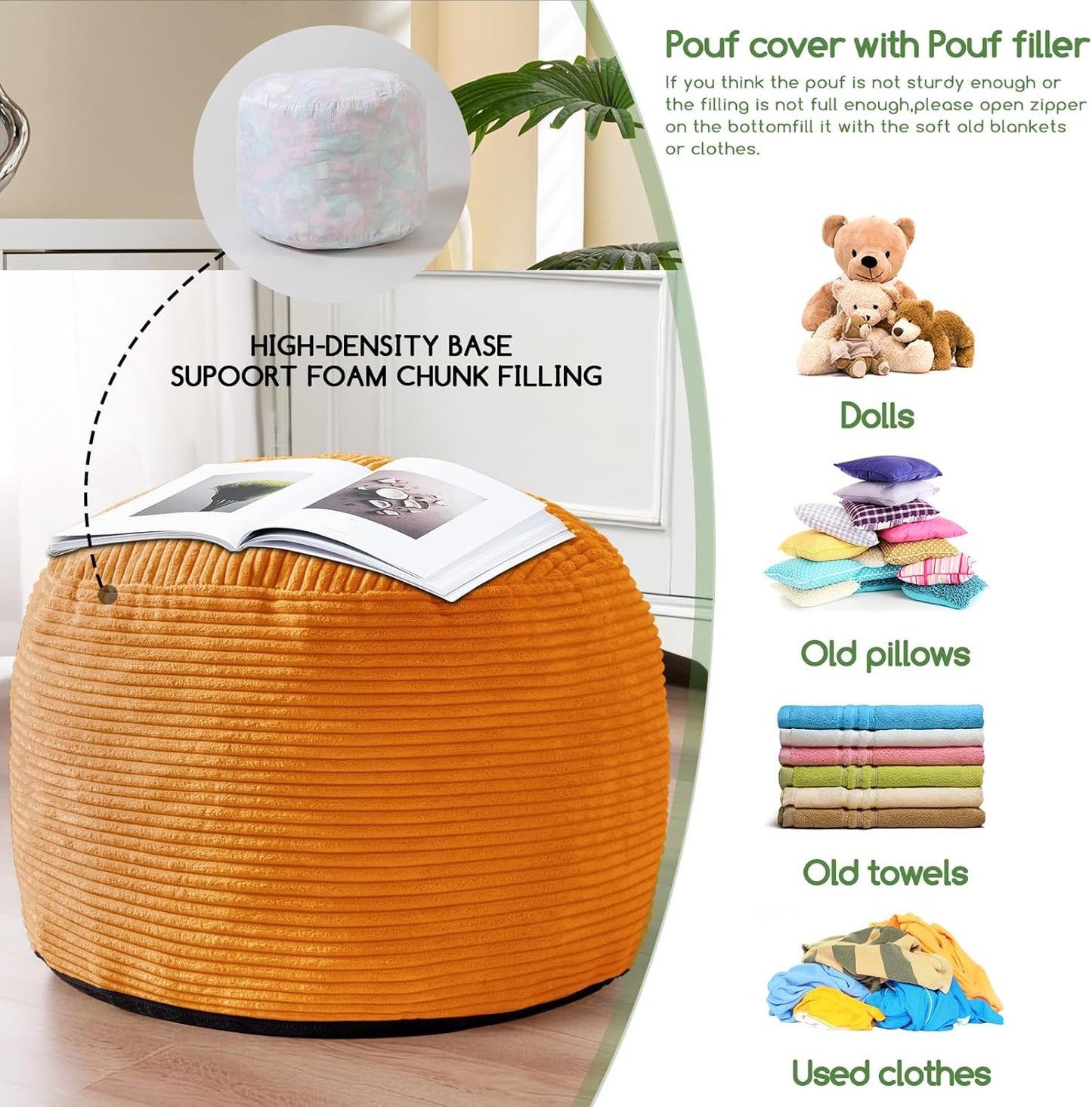 HIGOGOGO Round Stuffed Pouf Ottoman, Corduroy Poufs with Foam Chunk Filling, Furry and Fluffy Pouf Foot Stool Storage Ottoman, 26 X 18 Floor Poufs Foot Rest for Living Room, Orange