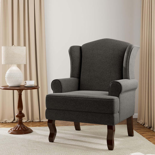 Accent Chair, High Back Upholstered Armchair with High Resilience Sponge & Wood Legs, Mid-Century Modern Comfy Single Sofa Reading Chairs for Living Room, Bedroom (Dark Grey, Set of 1)