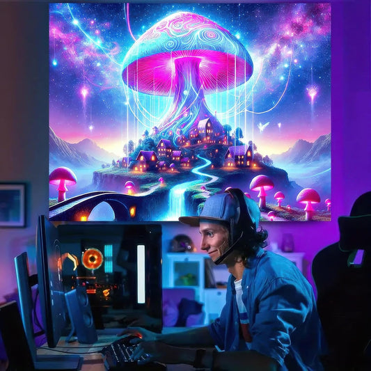 BlissYard Blacklight Tapestry Uv Reactive Tapestry Glow In The Dark Tapestry 78x59 Inches Enchanted Mushroom Village Fluorescent Wall Hanging with Glowing Mushrooms Fantasy Landscape and Cosmic Lights