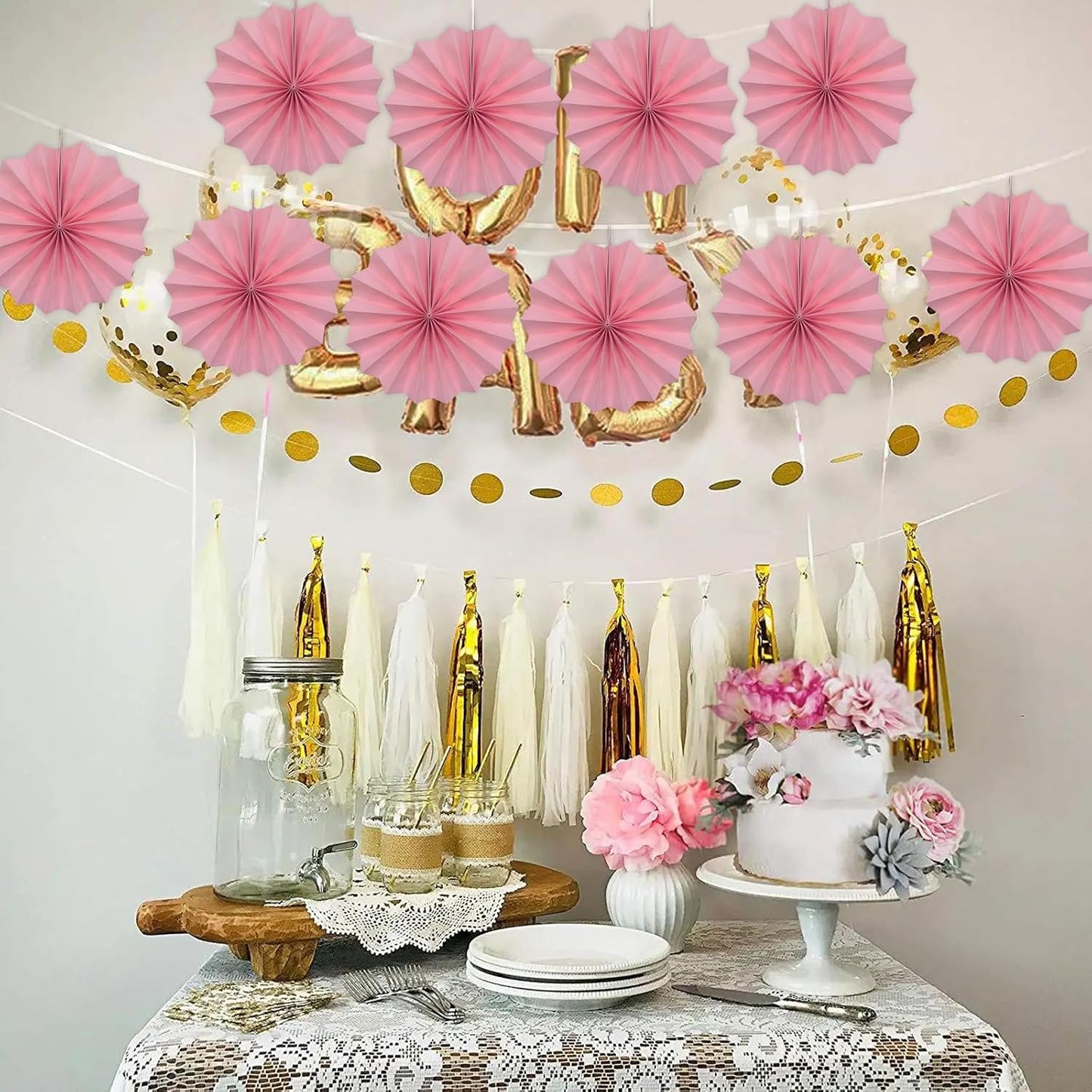 Pink Party Decorations,Pink Paper Decorations for Party,Baby Shower Decorations Party Paper Fans Bulk 8in,Schoolgirl Style Classroom Decor for Party 30 Color DIY Set （Pink）