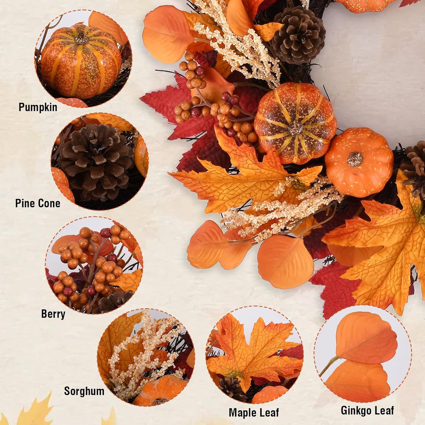 20 Inch Thanksgiving Fall Wreath, Berries Pumpkins Maple Leaves Pine Cones Autumn Wreaths with Hook for Front Door, Fall Decor, Porch Wall Home Outdoor Holiday Decorations Wreath for Autumn