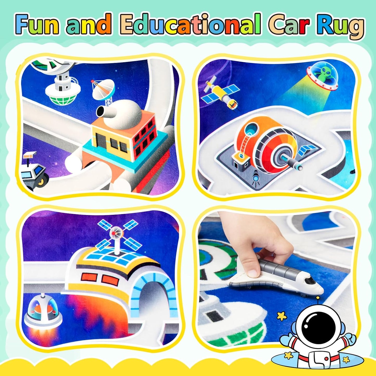 Kids Rug, Space Themed Baby Play Mat, 4x6 Ft Playroom Rug, Colorful Cartoon Outer Space, Planet, Rocket, Spaceship Road Carpet for Playroom, Educational Learning Carpet for Kids Mat
