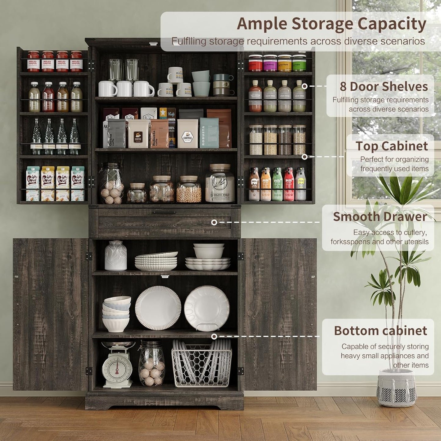 72'' Kitchen Storage Pantry Cabinet, Tall Storage Cabinet with 8 Door Shelves, 2 Cabinets and 1 Drawer, Freestanding Cupboard for Kitchen, Dining Room, Bathroom, Laundry, Living Room, Dark Rustic Oak