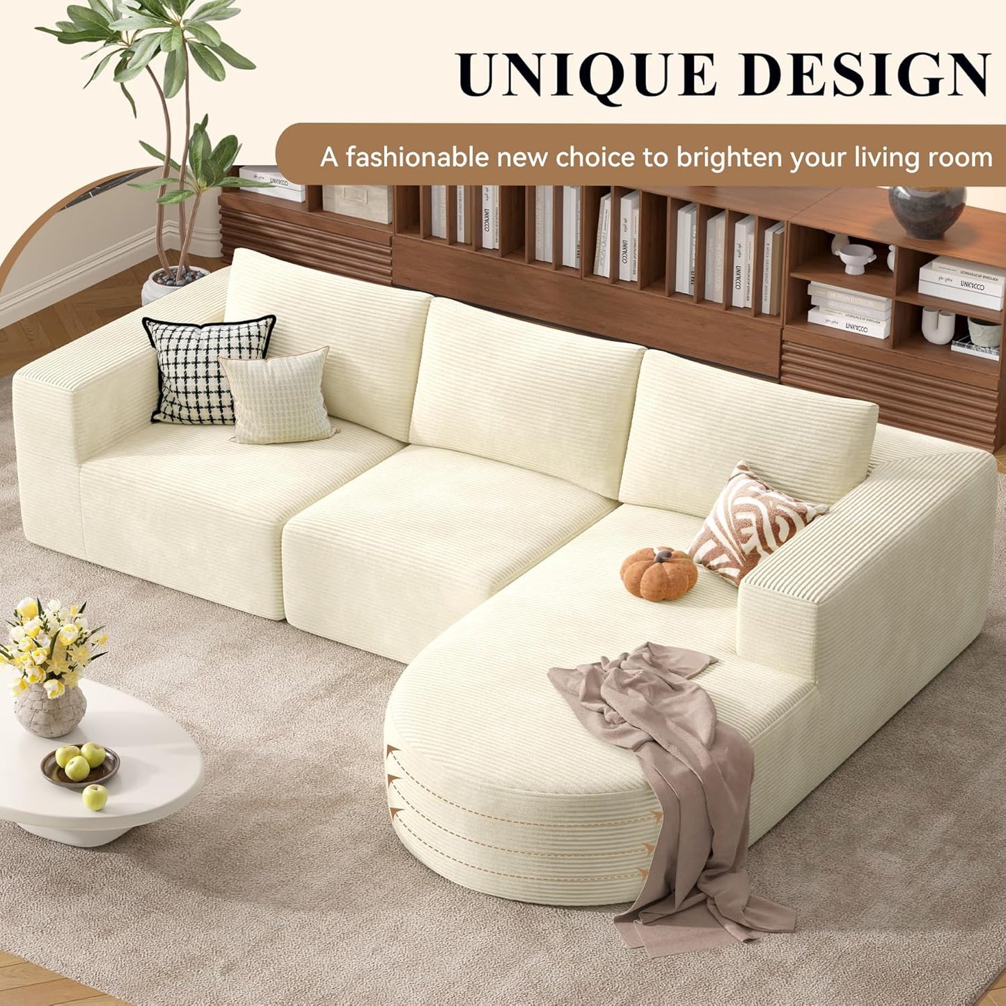 Modular Sectional Sofa with L-Shape Chaise,Cloud Sectional Modern Sleeper Couch with Deep Seat,Sponge Compression Sofas No Assembly Required(Beige-Corduroy Fabric) 1PCS