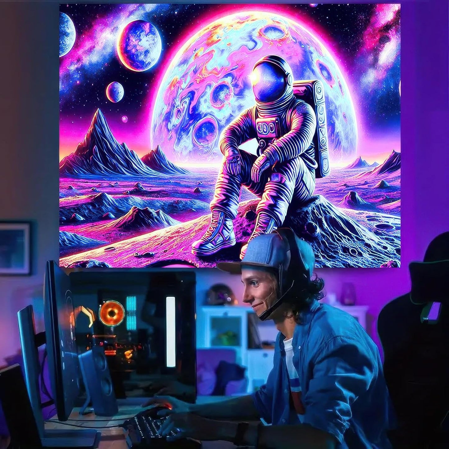 BlissYard Blacklight Tapestry Astronaut in Cosmic Landscape 78x59 Inches Modern Wall Art for Bedroom