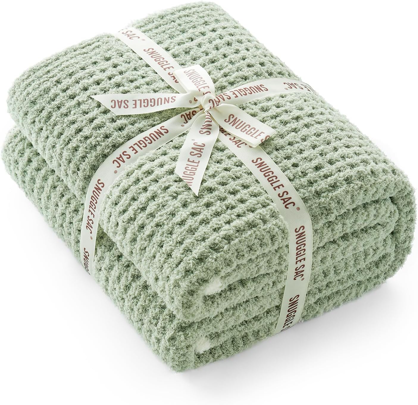 Snuggle Sac Ultra Soft Waffle Throw Blanket for Couch Bed Sofa 50x60 inches, Reversible Sage Green Blanket Microfiber Fluffy Fuzzy Cozy Knit Throws for Women Mothers Birthday Gifts