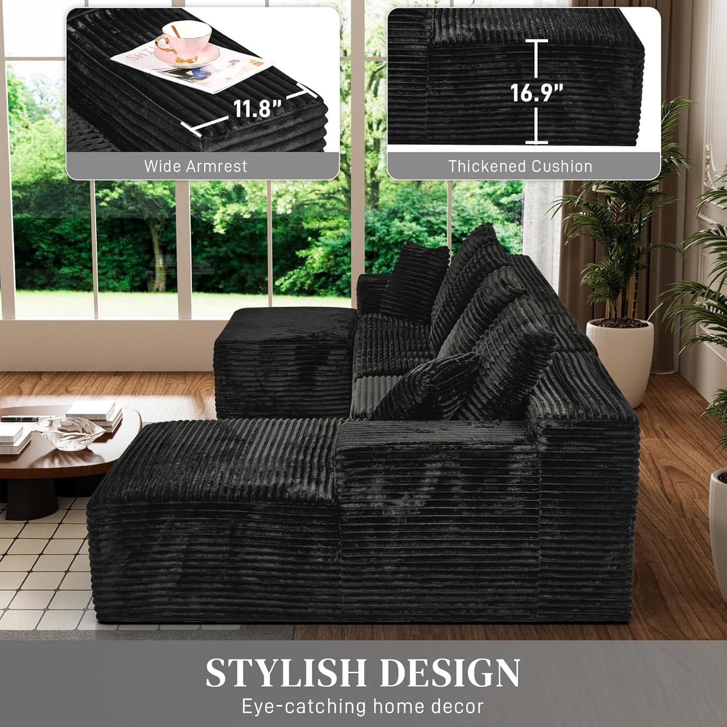 Modular Sectional Sofa Cloud Sectional Couch, 107" Comfy Fluffy U Shaped Black Couches for Living Room, Deep Seat Memory Foam Plush Corduroy Boneless Couch Sectionals with Right Facing Chaise Sofa