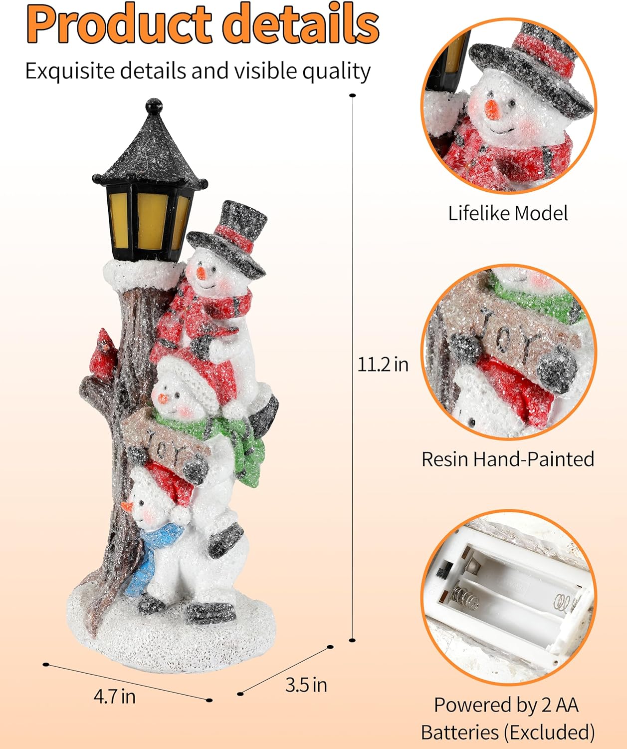 iStatue Lighted Stacked Snowman Tabletop Decor Figurine with Lamppost Lantern - 11.2'' Resin Cardinal Christmas Decorations Indoor - Unique Xmas Gift Idea (Joy Trio)