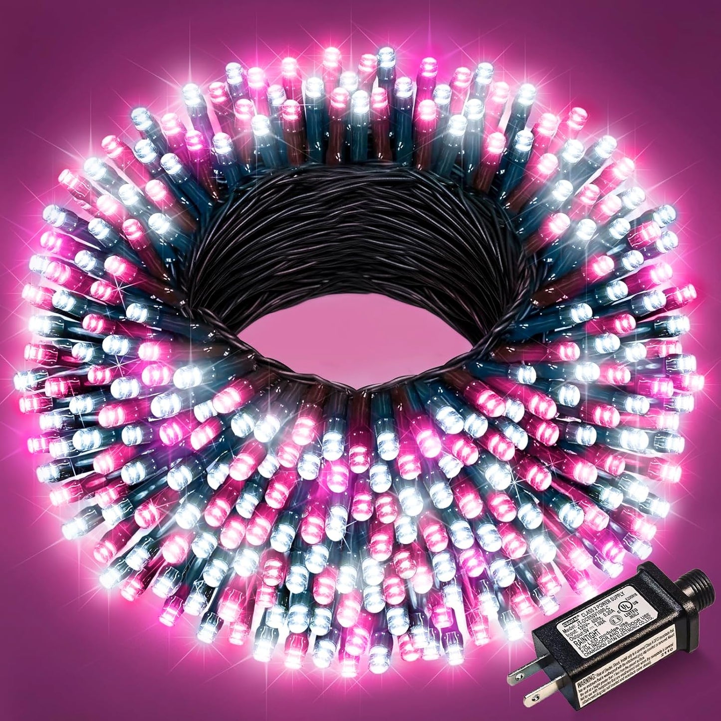 100FT 300 LED Christmas Lights, Christmas Tree Lights with 8 Modes Waterproof, Green Wire Outdoor String Lights, Plug in Xmas Decorations for Indoor House Yard Holiday, Pink White