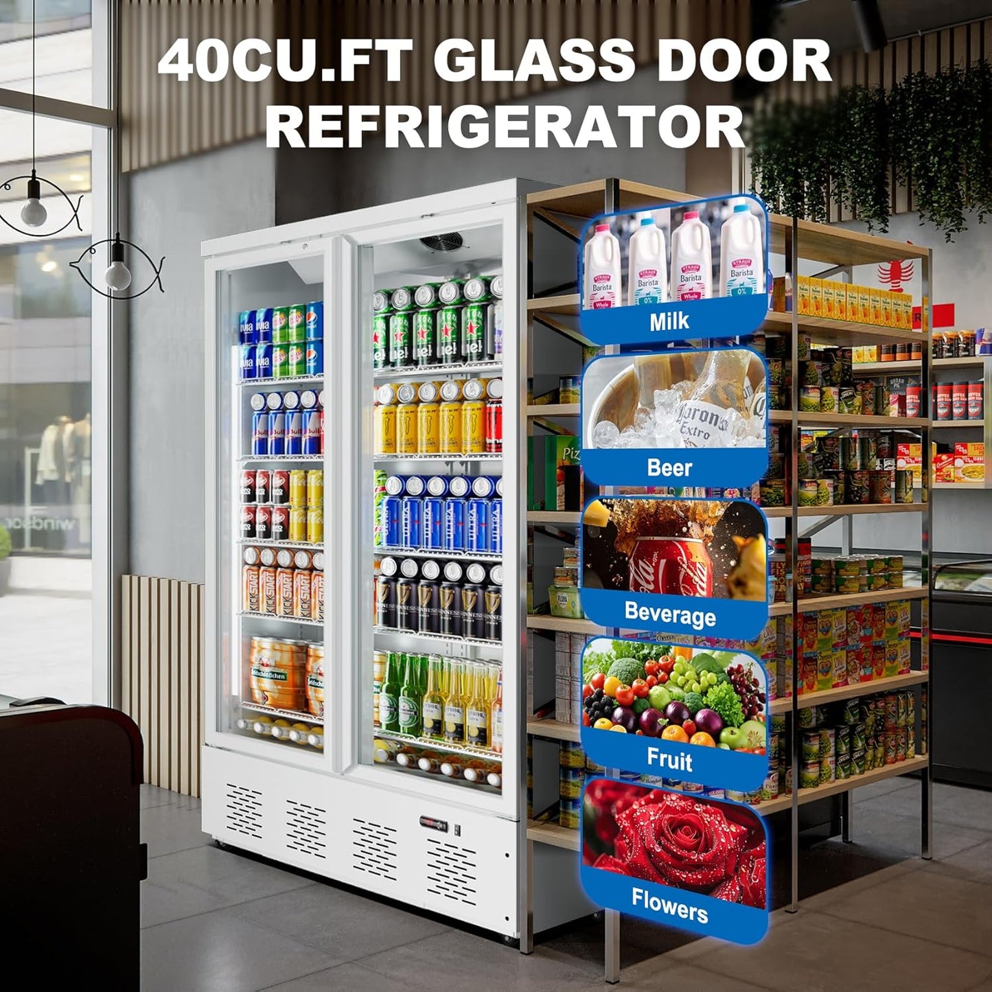 30.5 Cu.ft. Commercial Refrigerators 2 Glass Door Commercial Beverage Refrigerators Upright Display Cooler with Soft LED Light and 10 Adjustable Shelves for Restaurant Grocery Stores Home