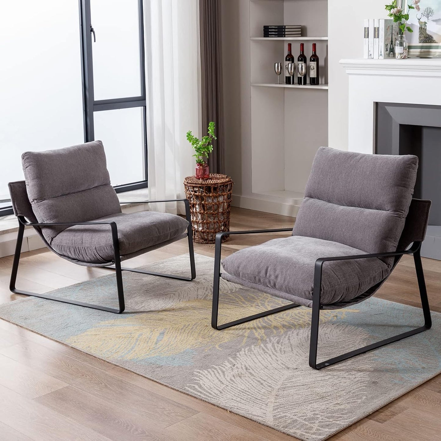 DUOMAY Modern Accent Arm Chair Set of 2, Comfy Linen Lounge Lazy Chair with Metal Leg, Mid-Century Corner Chair for Living Room Bedroom Office Apartment, Grey