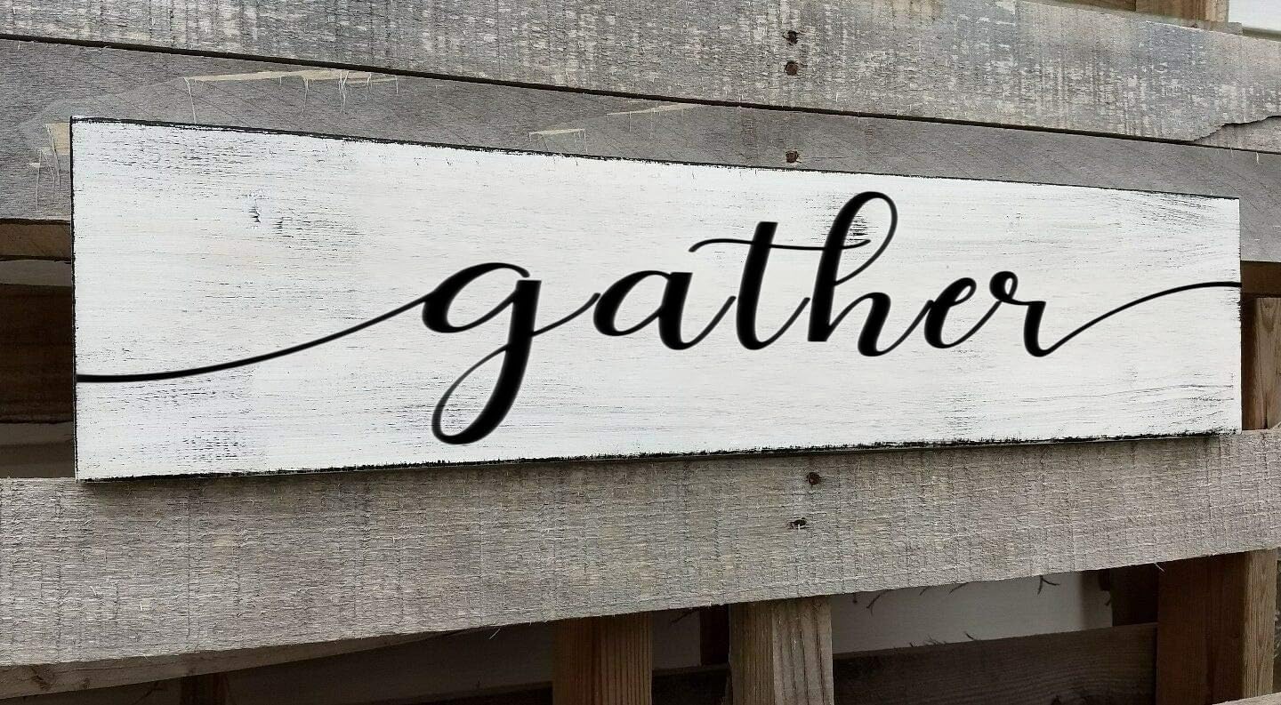 Gather Signs for Home Decor White, Rustic Farmhouse Dining Room Decor Wood Wall Hanging Plaque Gather Wall Decor for Living Room Kitchen Signs 4x16 Inch