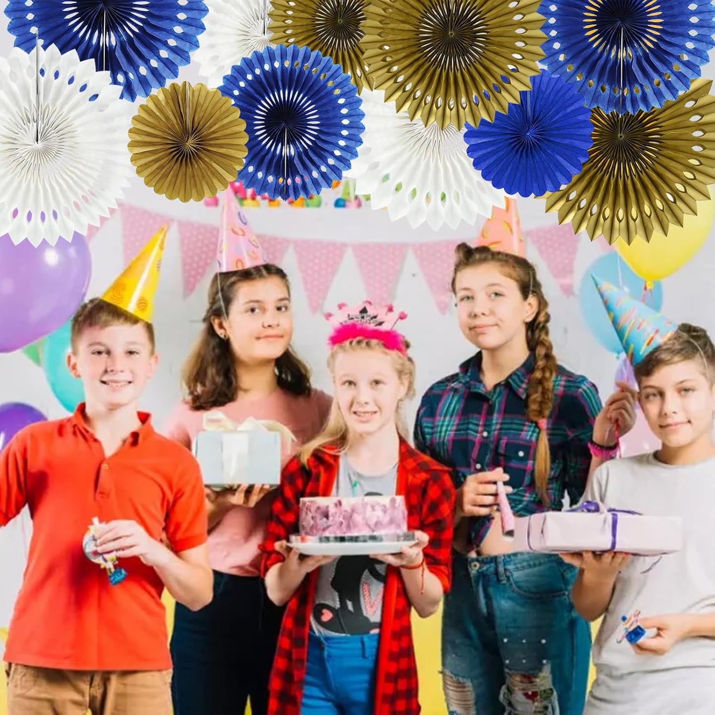 BEISHIDA Blue Gold White Hanging Honeycomb Round Paper Fans Decoration Set for New Year Baby Shower Birthday Wedding Bachelorette Photo Booth Backdrops Anniversary Paper Party Supplies（11packs）