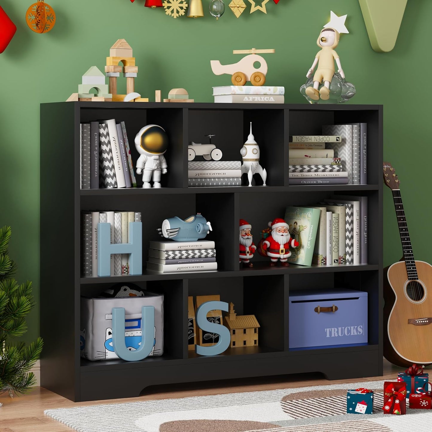 Book Shelf, 8 Cubes Storage Organizer, 3-Tier Open Shelf Wooden Bookcase, Freestanding Black Bookshelf Cube Shelf for Bedroom, Living Room, Home Office