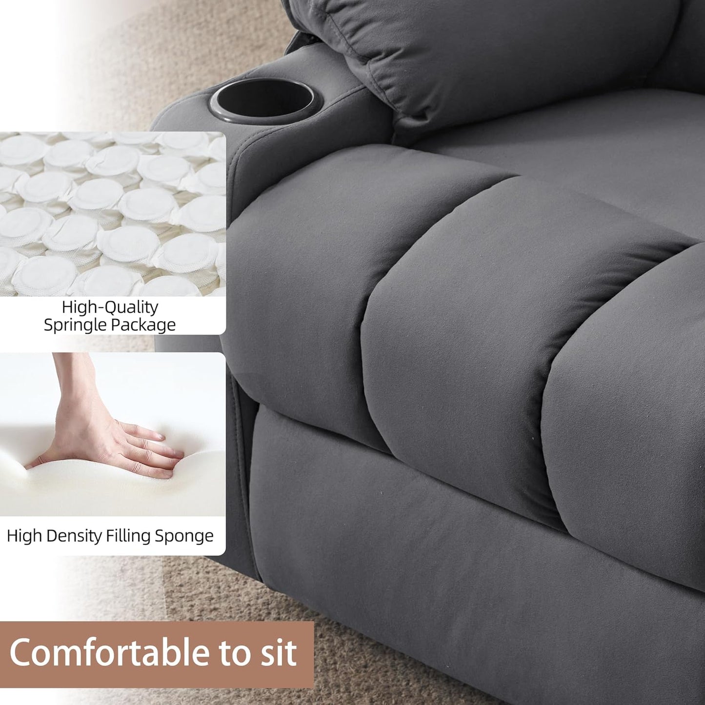 Rocker Swivel Recliner Chair for Adults, Overstuffed Large Manual Recliner Glider with Massage and Heat, Comfy Soft Fabric Living Room Reclining Sofa Chair(Technical Grey)