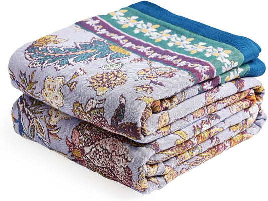 Boho Throw Blanket 91" x 98", 100% Organic Cotton Breathable Ultra Soft Bed Purple Quilt Throw - All Season Luxury Floral Farmhouse Decor Blanket for Sofa Couch Chair and Gift.