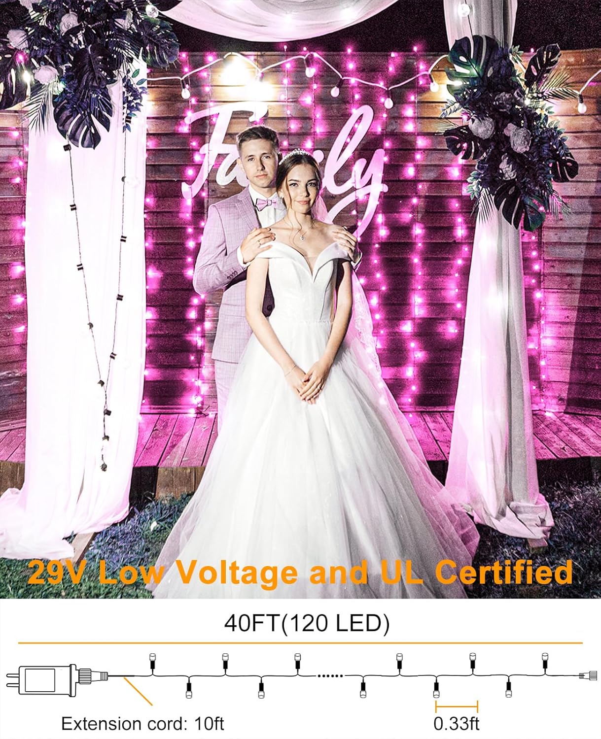 40FT 120 LED Christmas Lights Outdoor, Green Wire Christmas Tree Lights with 8 Modes & Waterproof, Connectable Plug in String Light for Indoor Bedroom Garden Party Wedding Decorations, Pink