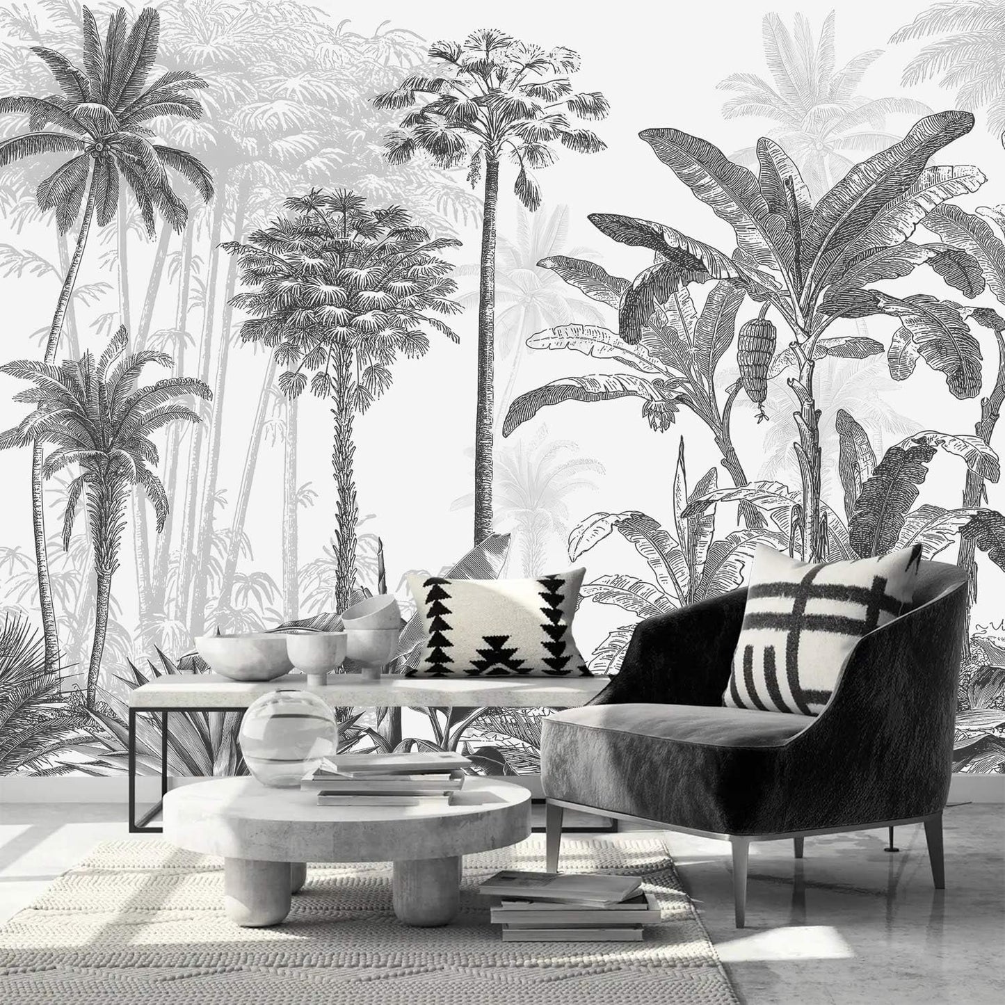 AFZEVEB-Black and White Jungle Wallpaper Hand-Painted Tree Wall murals for Bedroom 114"x74" (Not Peel and Stick)