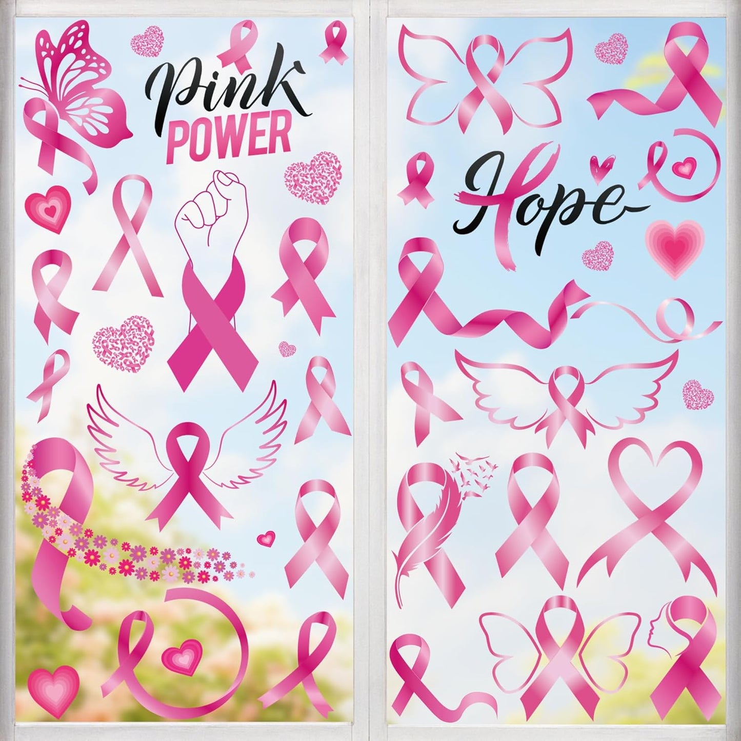 9 Sheets Breast Cancer Awareness Window Clings, 77 Kinds of Pink Window PVC Stickers for Pink Ribbon Decorations, Hope Fight Cancer Theme Windows Decals for Glass Home Decor Supplies