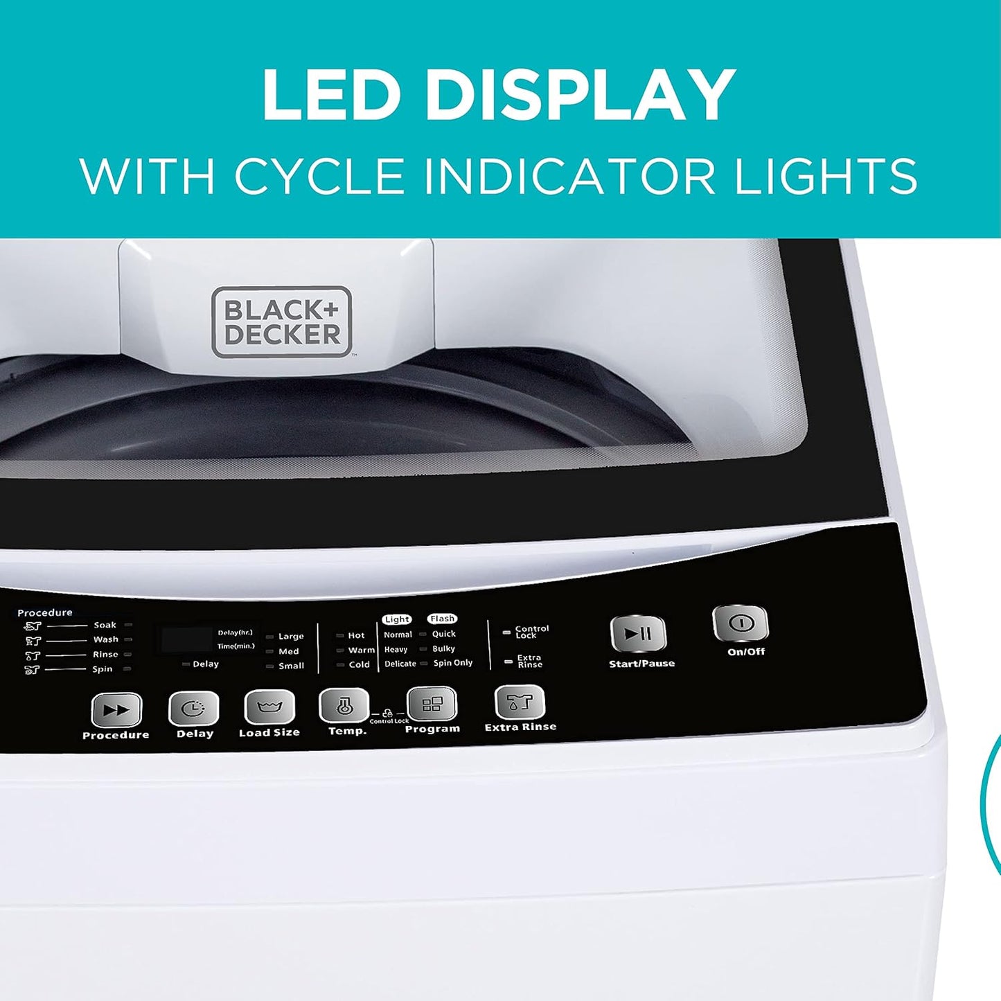 BLACK+DECKER 3.0 Cu. Ft. Portable Washer, 26.5 lb. Capacity Washing Machine, 6 Cycles, Quick Connect Sink Adapter and Drain Hose Included, Transparent Lid & LED Display, BPW30MW, White