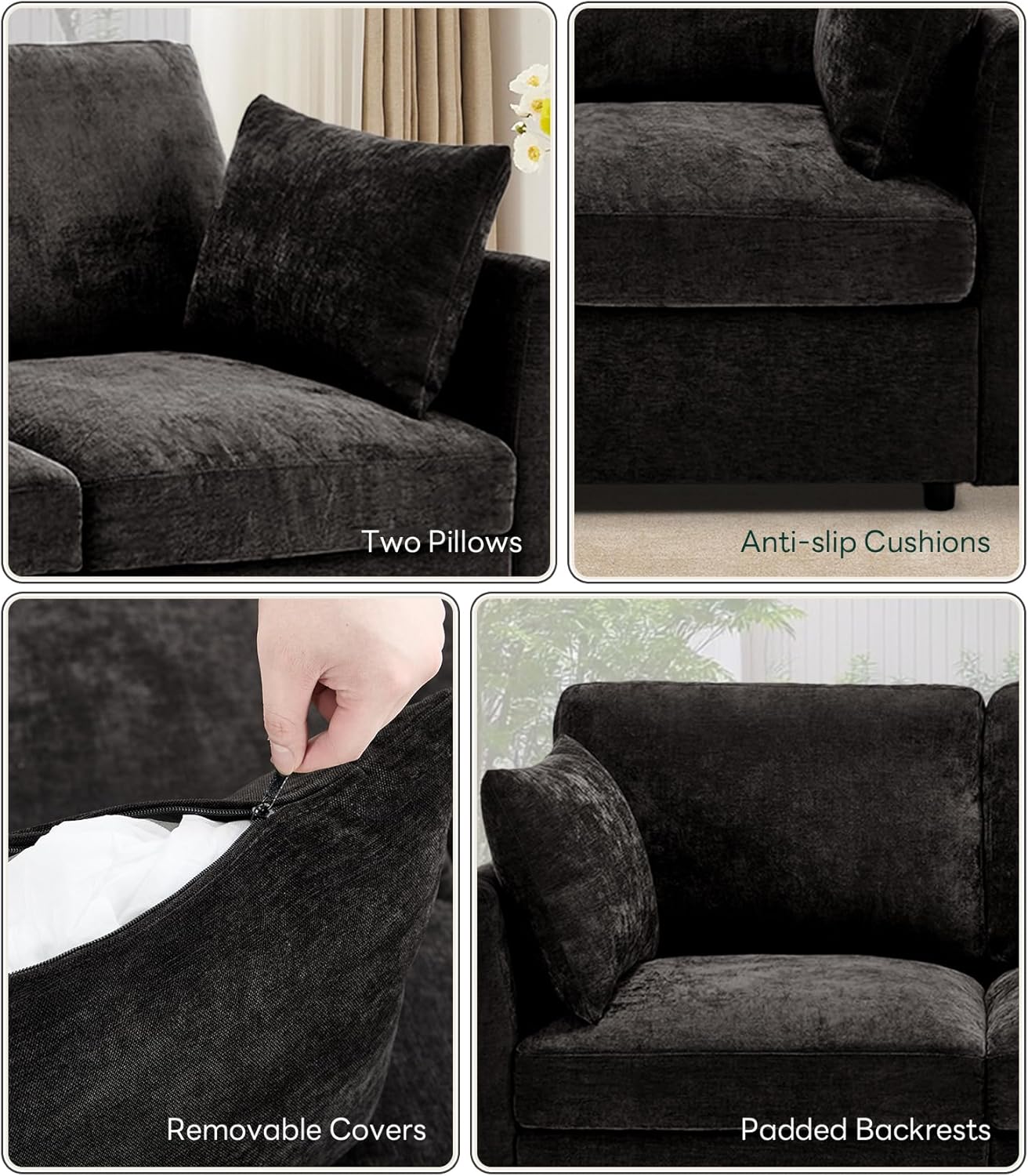 Tbfit 85" Convertible L Shaped Couch, Sectional Sofa for Living Room,Chenille Cloud Couch with Ottoman 4 Seat, Black