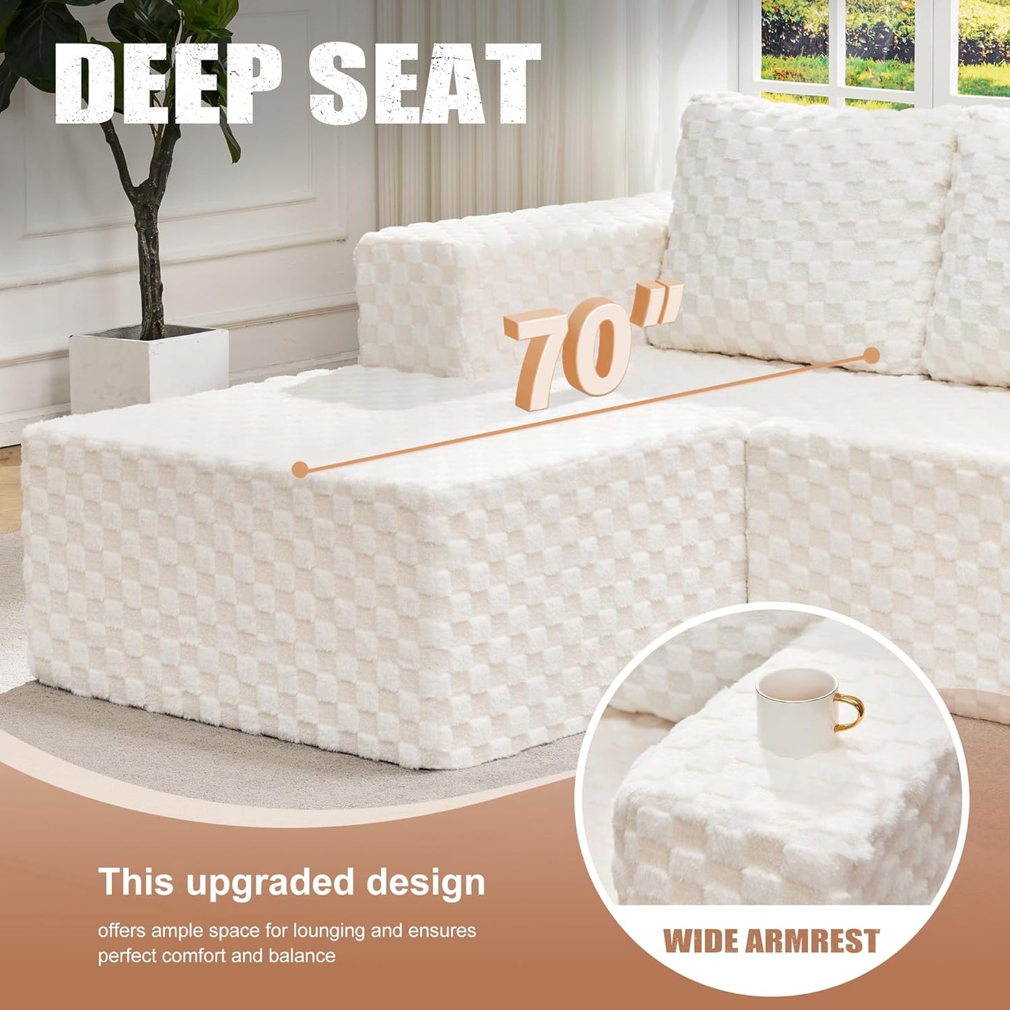 Hobestluk Modular Sectional Sofa Memory Foam Couch Oversized Sectional Sofa 3-Seater with Chaises Cloud Couch with Removable Cover U Shaped Sofa for Living Room (Plush White, U Shape)