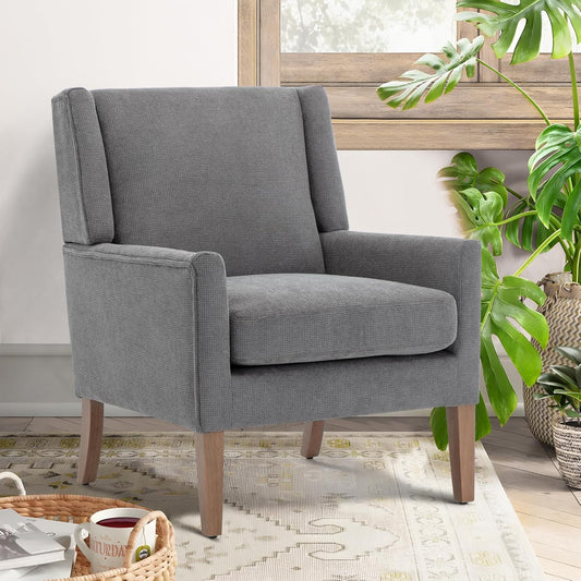 COLAMY Modern Wingback Living Room Chair, Upholstered Fabric Accent Armchair, Single Sofa Chair with Lounge Seat and Wood Legs for Bedroom/Office/Reading Spaces, Gery