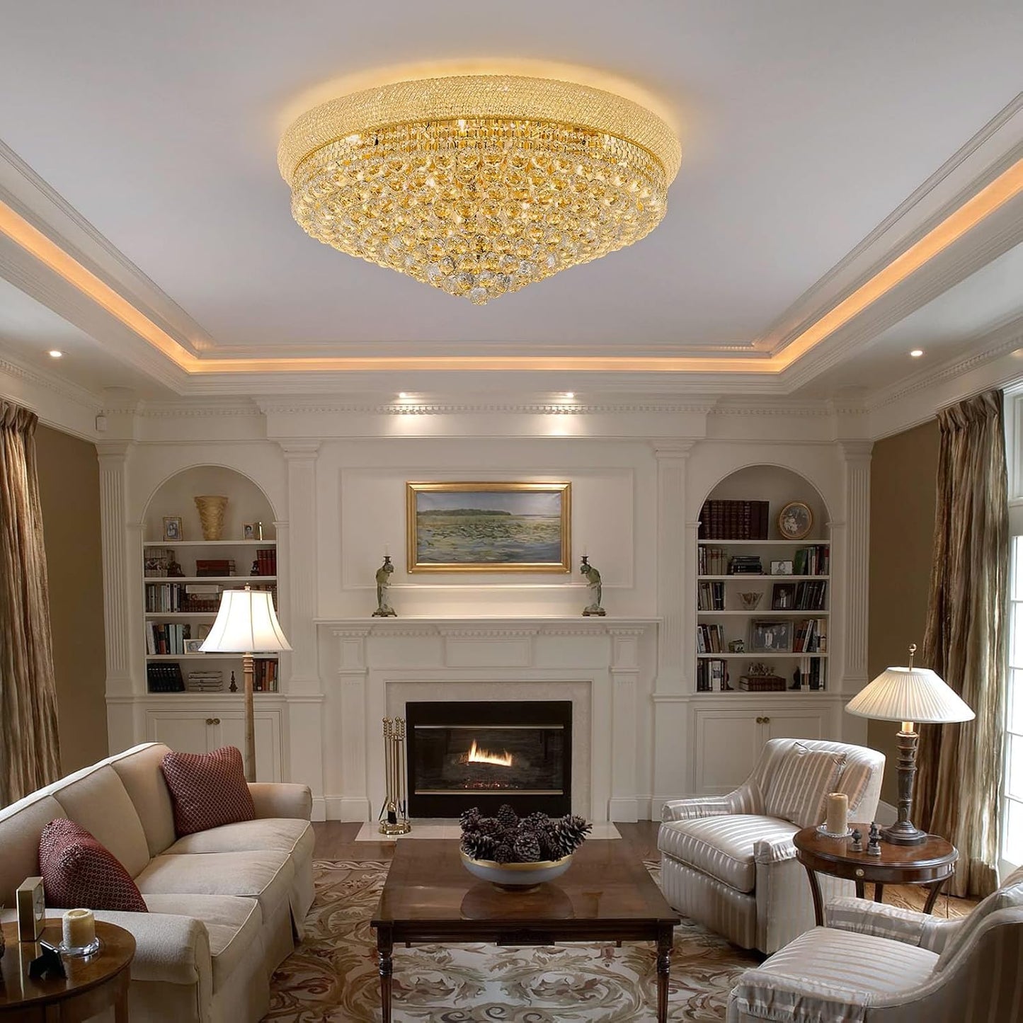 18-Light 32 inch Large Crystal Chandelier Flush Mount Ceiling Light Fixture for Living Room Dining Room Bedroom Foyer Entryway Gold Finish