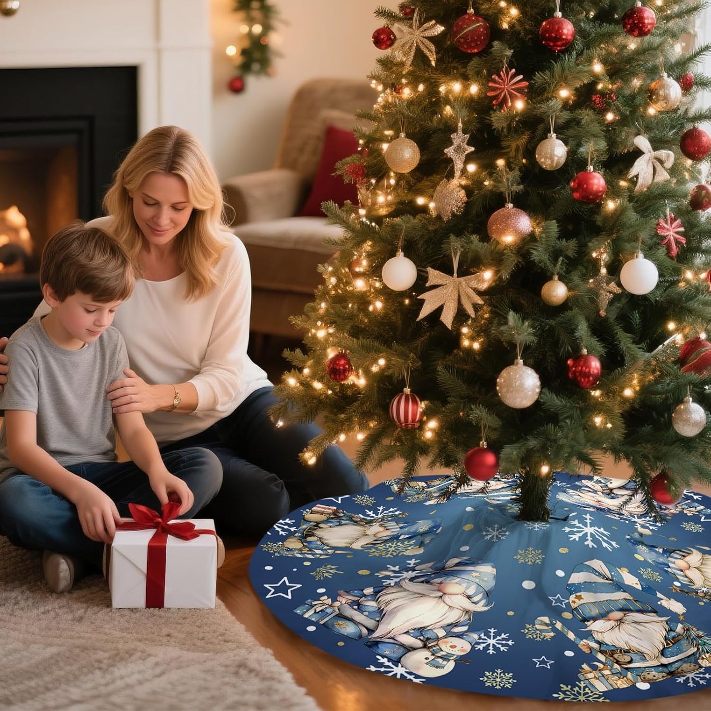 Blue Gnomes Christmas Tree Skirt Gnomes Snowflaks Christmas Decorations House Decor Winter Holiday Party Xmas Tree Skirt 36 inches