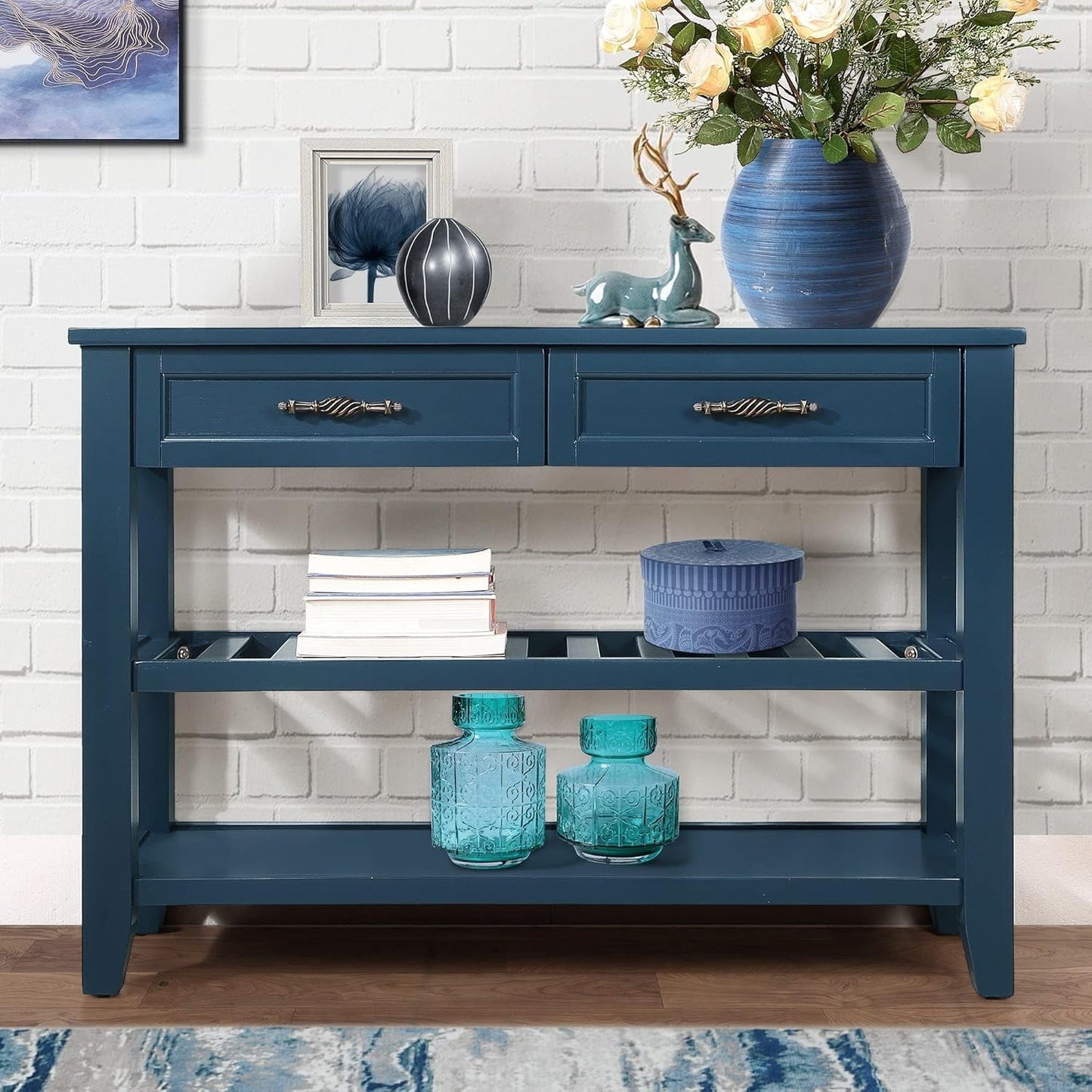 Solid Wood Console Table Entryway Table with Storage Drawers and Shelves Sofa Table for Entry Hallway Foyer(42" Navy Blue)